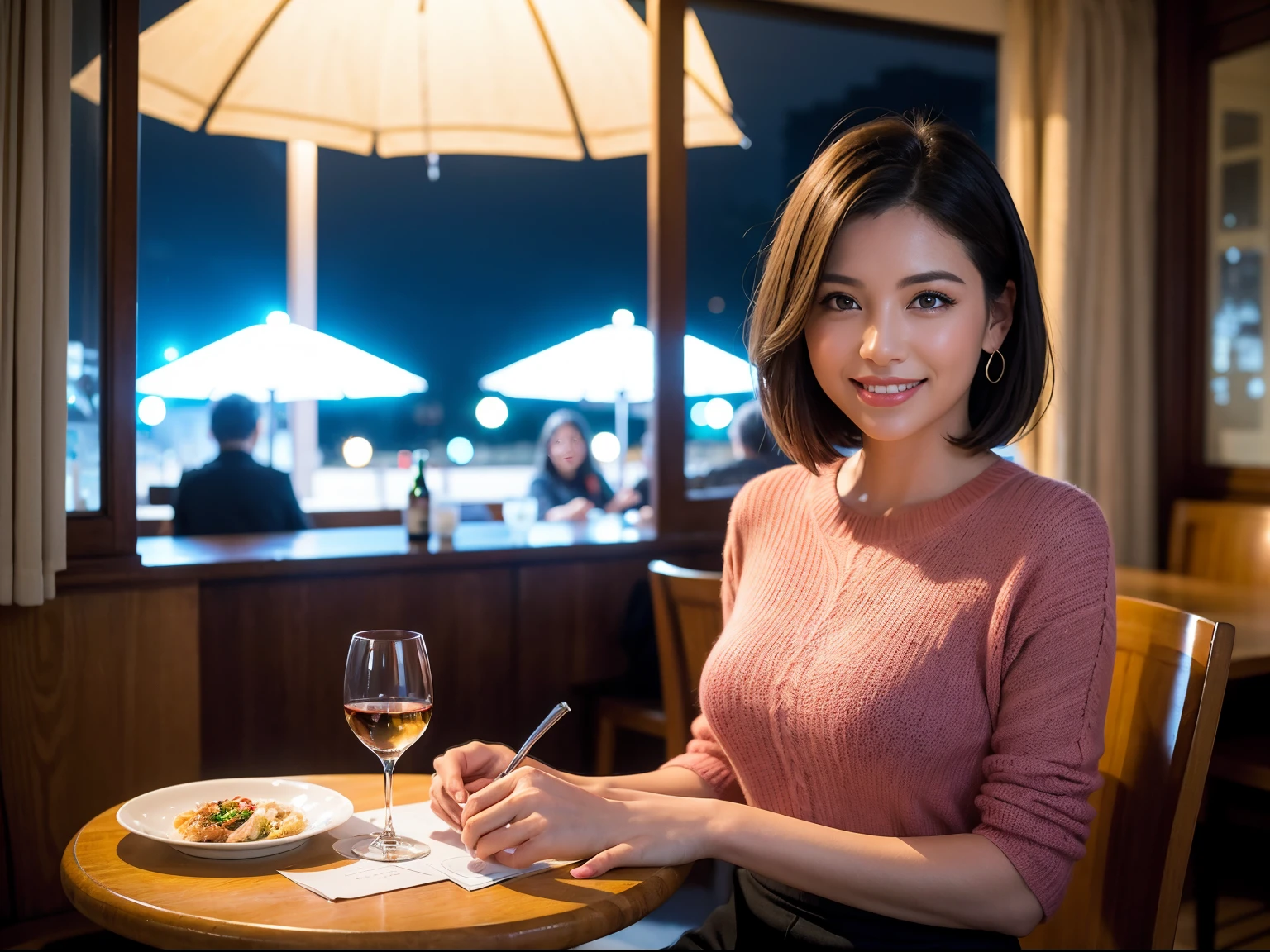 (64k uhd、nffsw、top-quality、​masterpiece:1.2)、(realisitic、Photorealsitic:1.37)、ultra-detailliert、wine glasses、enjoying a glass of wine、a matural female、Two beautiful women、(Slim Faces)、(Slim body)、（brawn hair）、(short-cut)、Latino、smiling french woman、happy italian girl、British woman、Americana、blush a little on the cheeks、(38 years)、42 year old、red wine、A beautiful and detailed night view spreads out outside the window......、resturant、Wine glasses in a prominent place、natta、(from waist up)、sitting on、date、(A smile:1.15)、Beautiful detailed eyes、Cashmere sweater、long-sleeved dresses、japanes、(short-hair:1.2)、Float NovaFrogStyle、、modeled、from waist up、white wine、Slimed、wine glasses、Super beautiful night view、Put the wine glass in the middle、Happy smile、(8K、Raw photography、top-quality、​masterpiece:1.2)、(realisitic、Photorealsitic:1.37)、ultra-detailliert、超A high resolution、2 females、see the beholder、beautifull detailed face、A smile、Constriction、(Slim waist) :1.3)、knit shirt、Beautiful detailed skin、Skin Texture、floated hair、professional light needle breast、eyes gentle