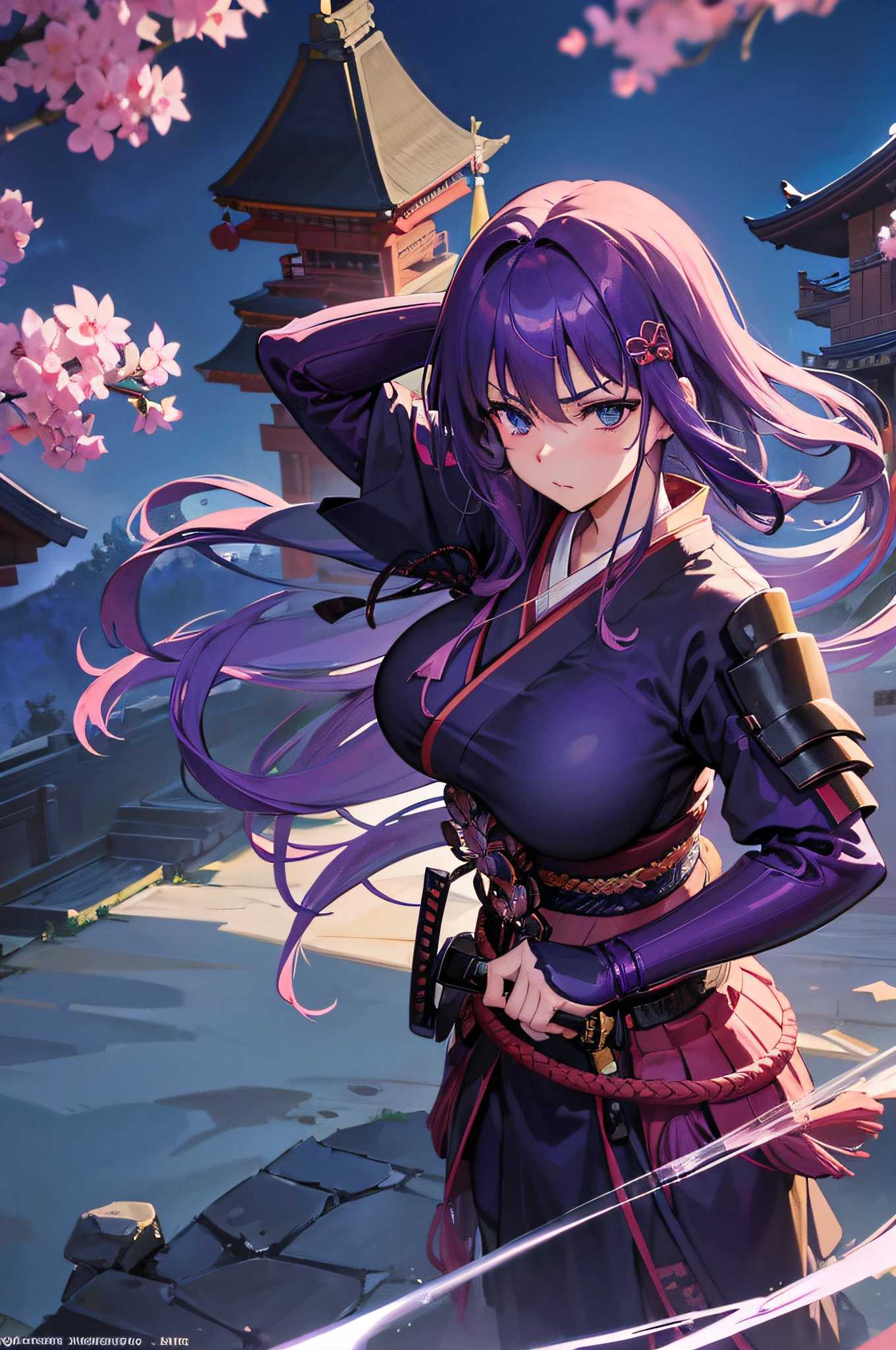 4K,hight resolution,One Woman,purple color hair,Longhaire,Blue eyes,Colossal tits,samurais,Samurai armor,Japanese Katana Sword,Japan castle town,daytime sky