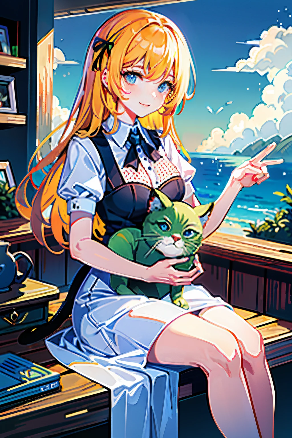 (masterpiece, top quality, best quality), pixel,pixel art,1girl, holding cat,