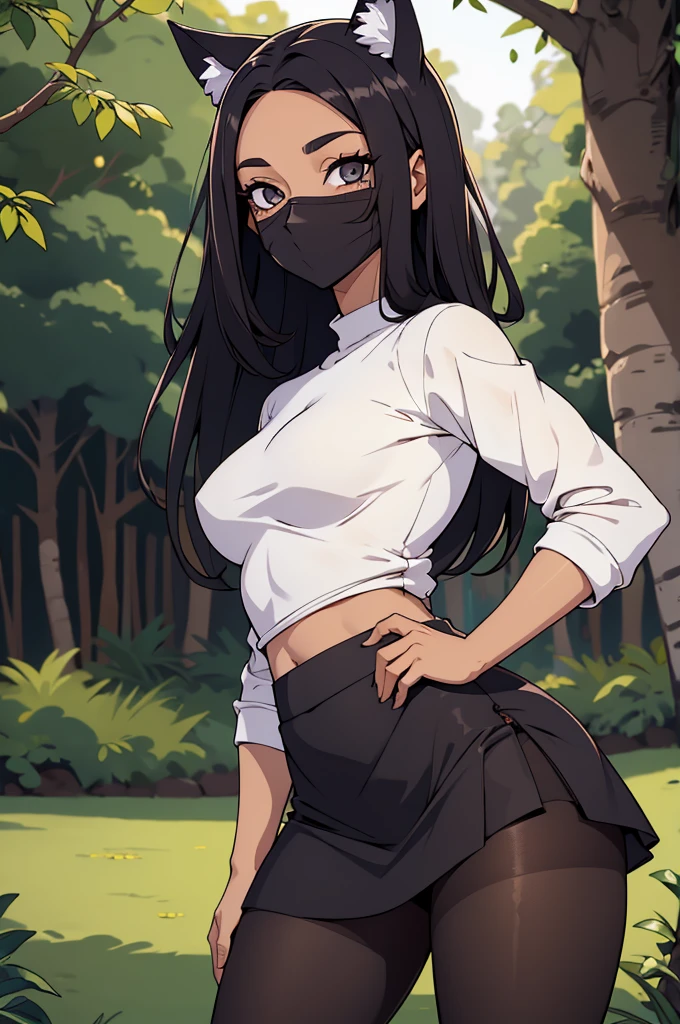 foto de corpo inteiro,cat ears on the head of a beautiful young woman wearing a short skirt and a ninja mask on her face, usando meias preta longas e sueterpreto apertado ,corpo inteiro na foto,floresta a noite varias luzes,belas coxas, coxas lindas belhos olhos escuros detalhados, sueter branco apertado,maio apertado , tight pantyhose, mini saia , ceu limpo a noite com estrelas numa floresta a noite,short curto linda jovem, olhos sedutores feminino.CABELO CURTO PRETO((CABELOS CURTO PRETO))