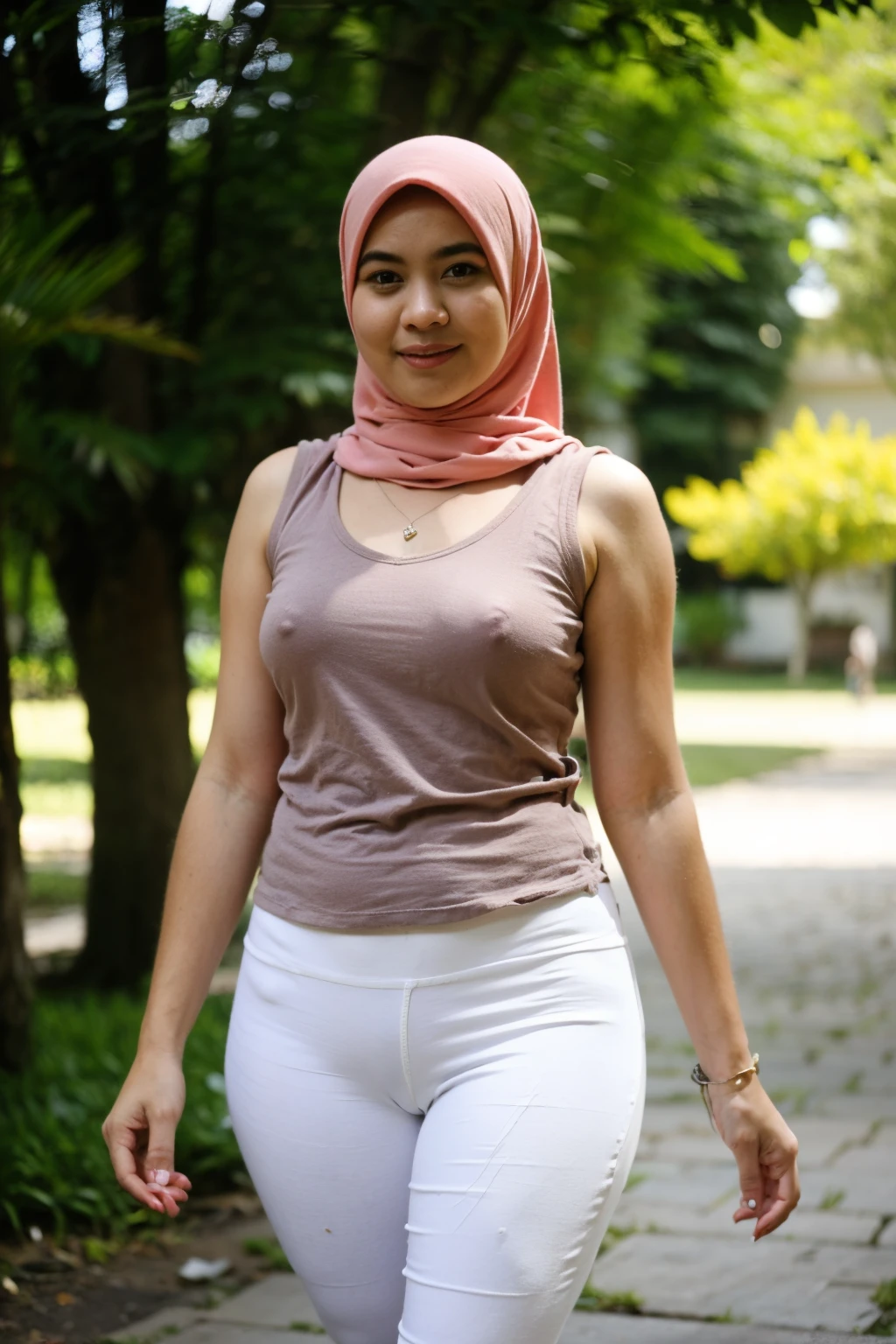 RAW, Best quality, high resolution, masterpiece: 1.3), beautiful Malay woman in hijab, ((showing armpits)), hands above the head, Masterpiece, perfect slim fit body, (Huge breast) gorgeous eyes, Soft smile, wear a tight sleeveless tee-shirt with a tight white legging, necklace, afternoon walk, City garden, Excellent lighting, Bright colors, Clean lines