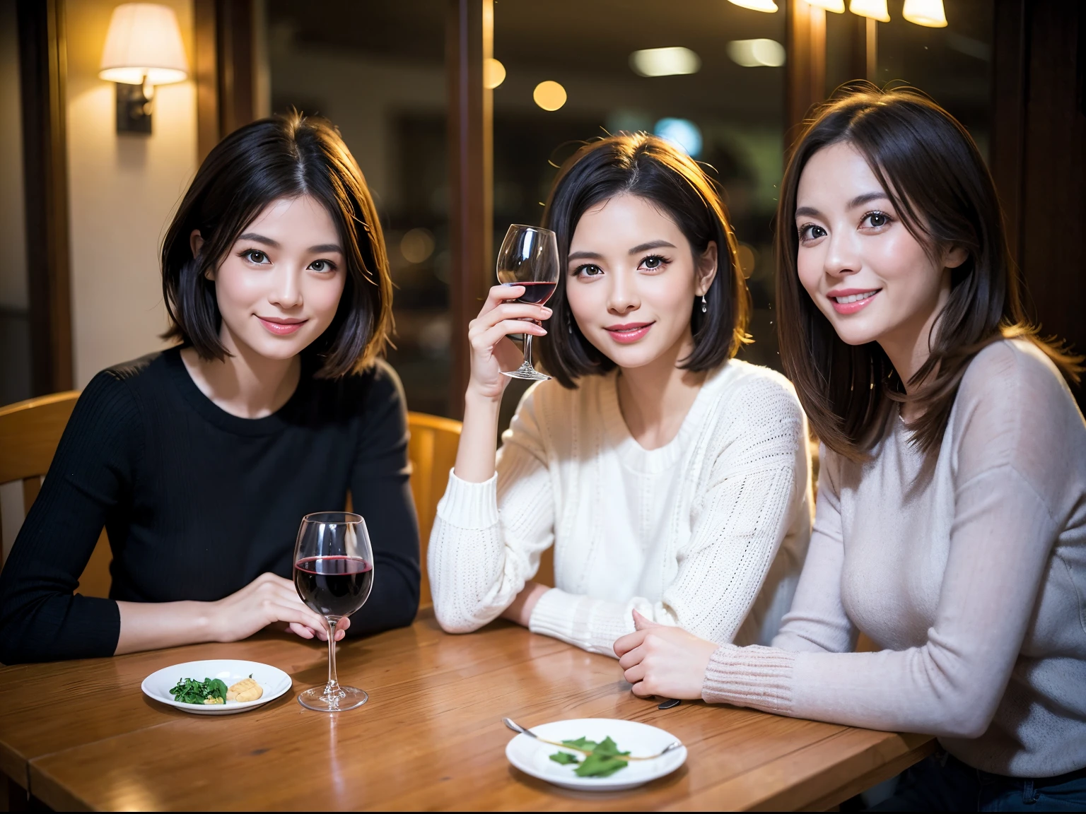 (k uhd、nffsw、top-quality、masterpiece:1.2)、(realisitic、Photorealsitic:1.37)、ultra-detailliert、wine glasses、enjoying a glass of wine、a matural female、Two beautiful women、(Slim Faces)、(Slim body)、(brawn hair)、(short-cut)、smiling french woman、happy italian girl、British woman、Americana、blush a little on the cheeks、(38 years)、42 year old、red wine、A beautiful and detailed night view spreads out outside the window..、resturant、Wine glasses in a prominent place、natta、(from waist up)、sitting on、date、(A smile:1.15)、Beautiful detailed eyes、Cashmere sweater、long-sleeved dresses、japanes、(short-hair:1.2)、Float NovaFrogStyle、、modeled、from waist up、white wine、Slimed、wine glasses、Super beautiful night view、Put the wine glass in the middle、Happy smile、(8K、Raw photography、top-quality、masterpiece:1.2)、(realisitic、Photorealsitic:1.37)、ultra-detailliert、超A high resolution、2 females、see the beholder、beautifull detailed face、A smile、Constriction、(Slim waist) :1.3)、knit shirt、Beautiful detailed skin、Skin Texture、floated hair、professional light needle bryes gentle