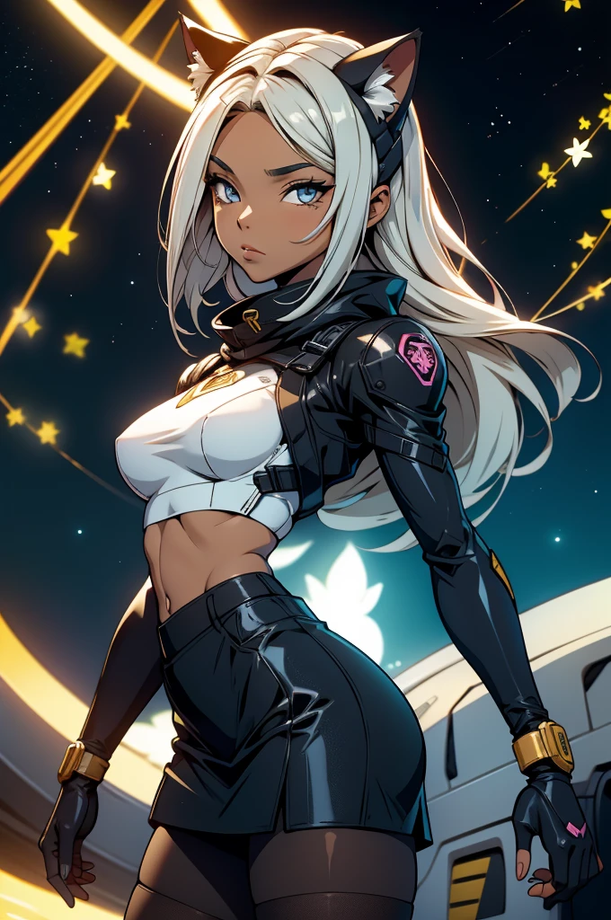 foto de corpo inteiro,cat ears on the head of a beautiful young woman wearing a short skirt and a ninja mask on her face, usando meias preta longas e sueterpreto apertado ,corpo inteiro na foto,floresta a noite varias luzes,belas coxas, coxas lindas belhos olhos escuros detalhados, sueter branco apertado,maio apertado , tight pantyhose, mini saia , ceu limpo a noite com estrelas numa floresta a noite,short curto linda jovem, olhos sedutores feminino.CABELO CURTO PRETO((CABELOS CURTO PRETO))