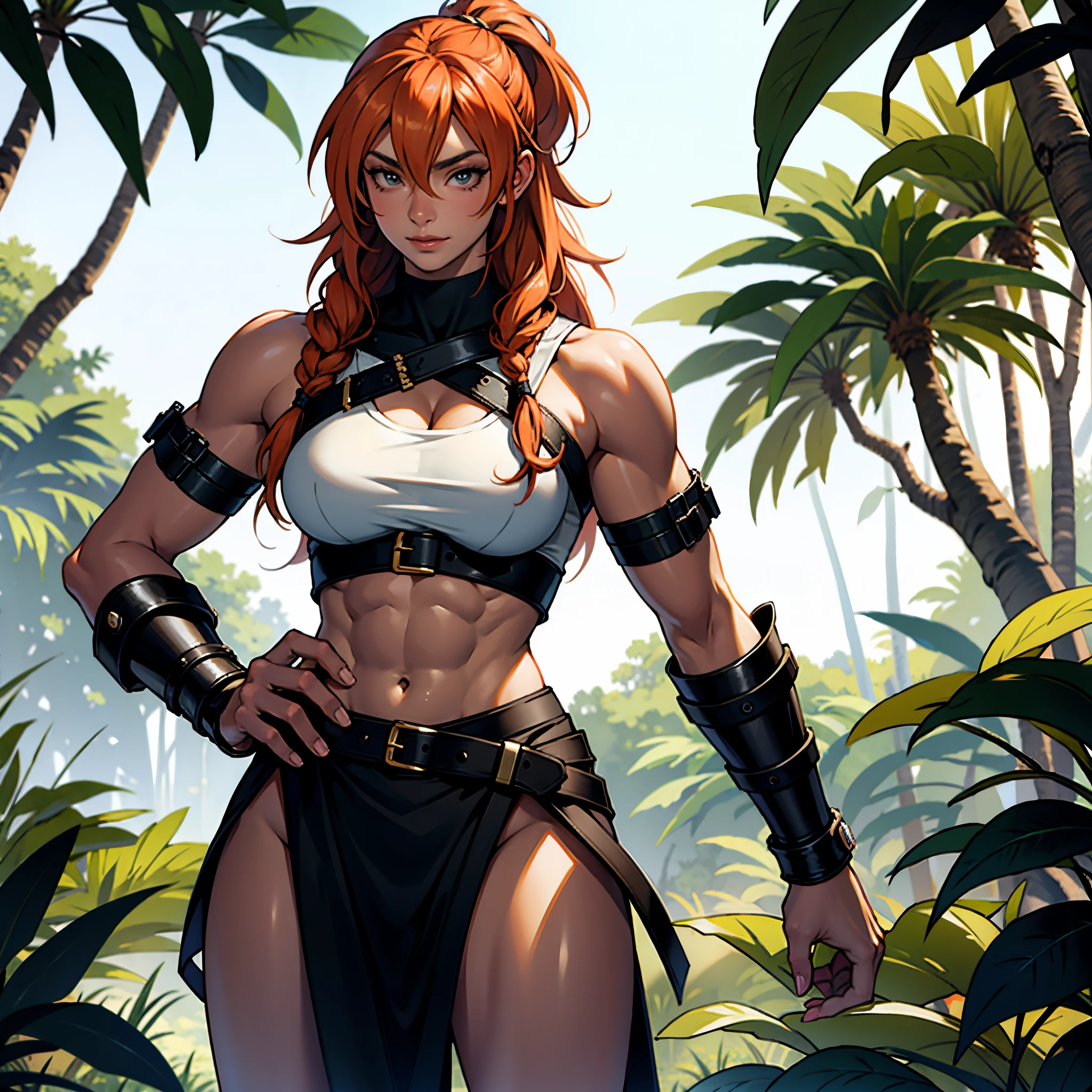 ((best quality)), ((masterpiece)), (detailed), prefect face, female, pale skin, green eyes, (red hair), pony-tail, (scantly-clad armor), (jungle background), muscular curvy body, high angle,
