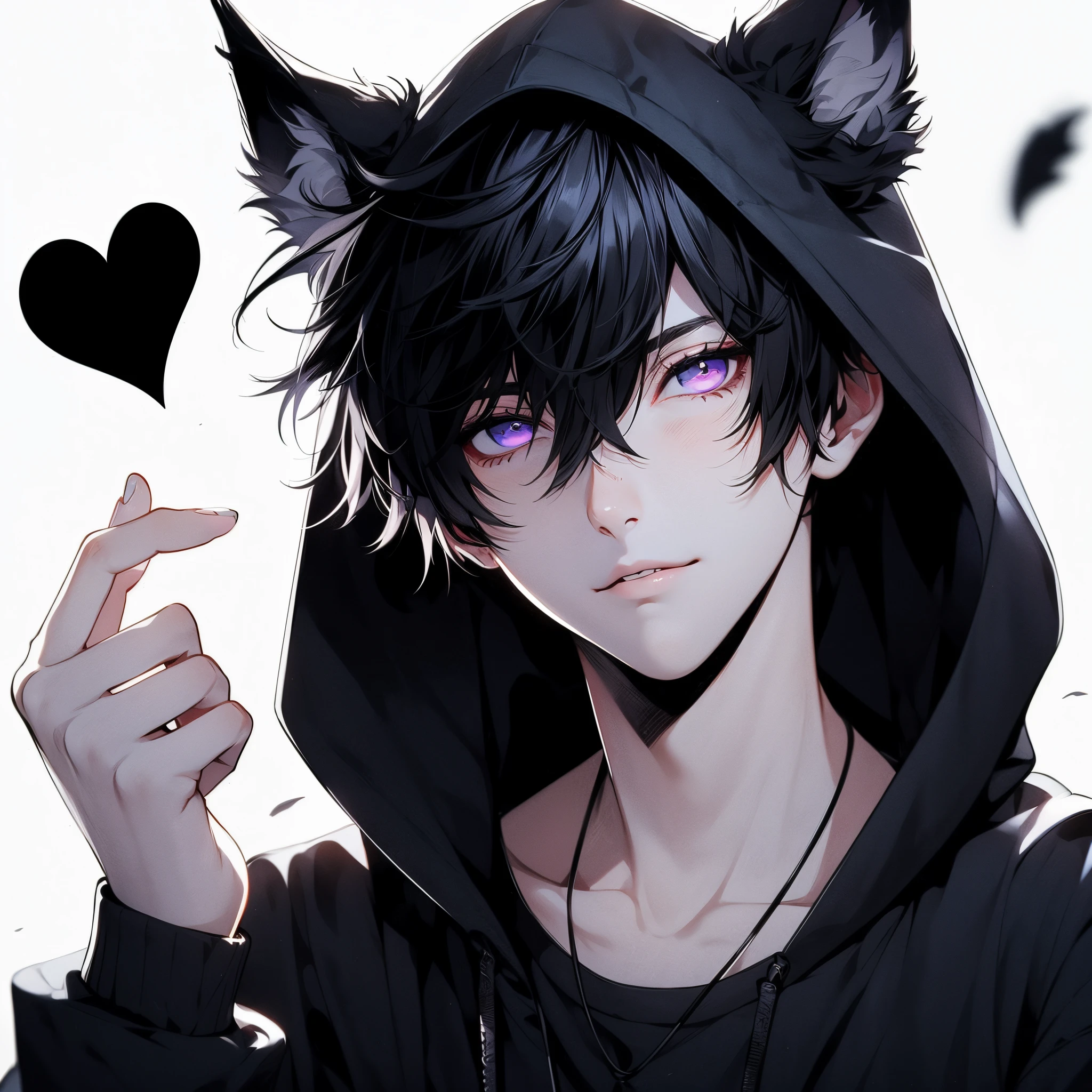 Evil smile, Beautiful young man, Black hair, Purple eyes, Short hair, slit-eyes, black hooded hoodie with wolf ears, White background, Dog Pose, shoulders up, flying black heart,High quality, amount of drawing, pixiv illustration