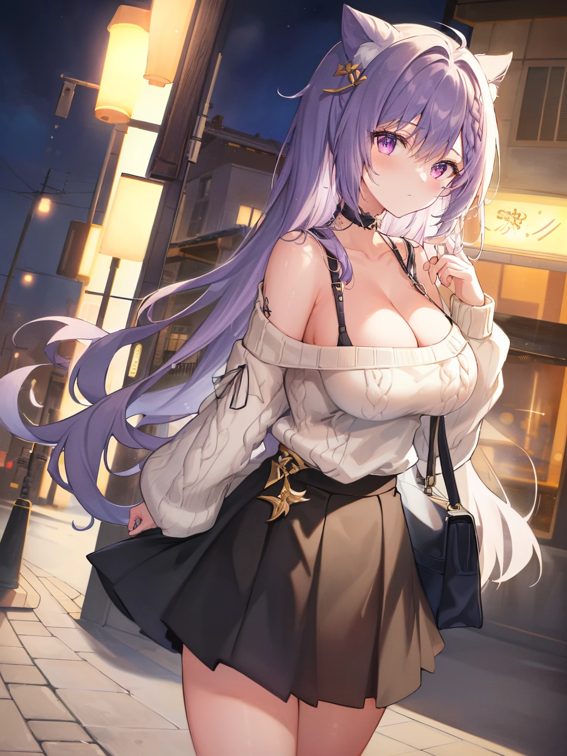 Keqing, solo, night time, moonlight, city street setting, (Anime illustration), ((detailed shadows)), (detailed lighting), (detailed buildings), detailed eyes. (dramatic chiaroscuro), ((Masterpiece)), ((perfect detailed hands)), ((intricate detail)), (flowing hair), purple hair, long hair, curly hair, ((detailed hair)), ((())), HD wallpaper, UHD image, (oversized_off_shoulder white sweater:1.2, (detailed sweater), (bare shoulder), (large breast), (cleavage), (black pleaded skirt:1.2), carrying purse, seriouace, perfect fingerare legs:1.2), standing, (hand behind hair:1.2), (close up)