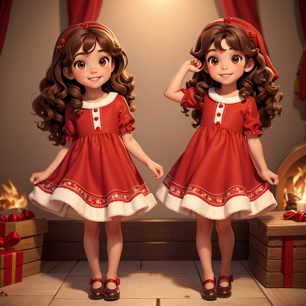 full body image. of two , four-year-old s, cubrownir, brown eyes, charming smile, wearing a fairytale-style red Christmas dress.