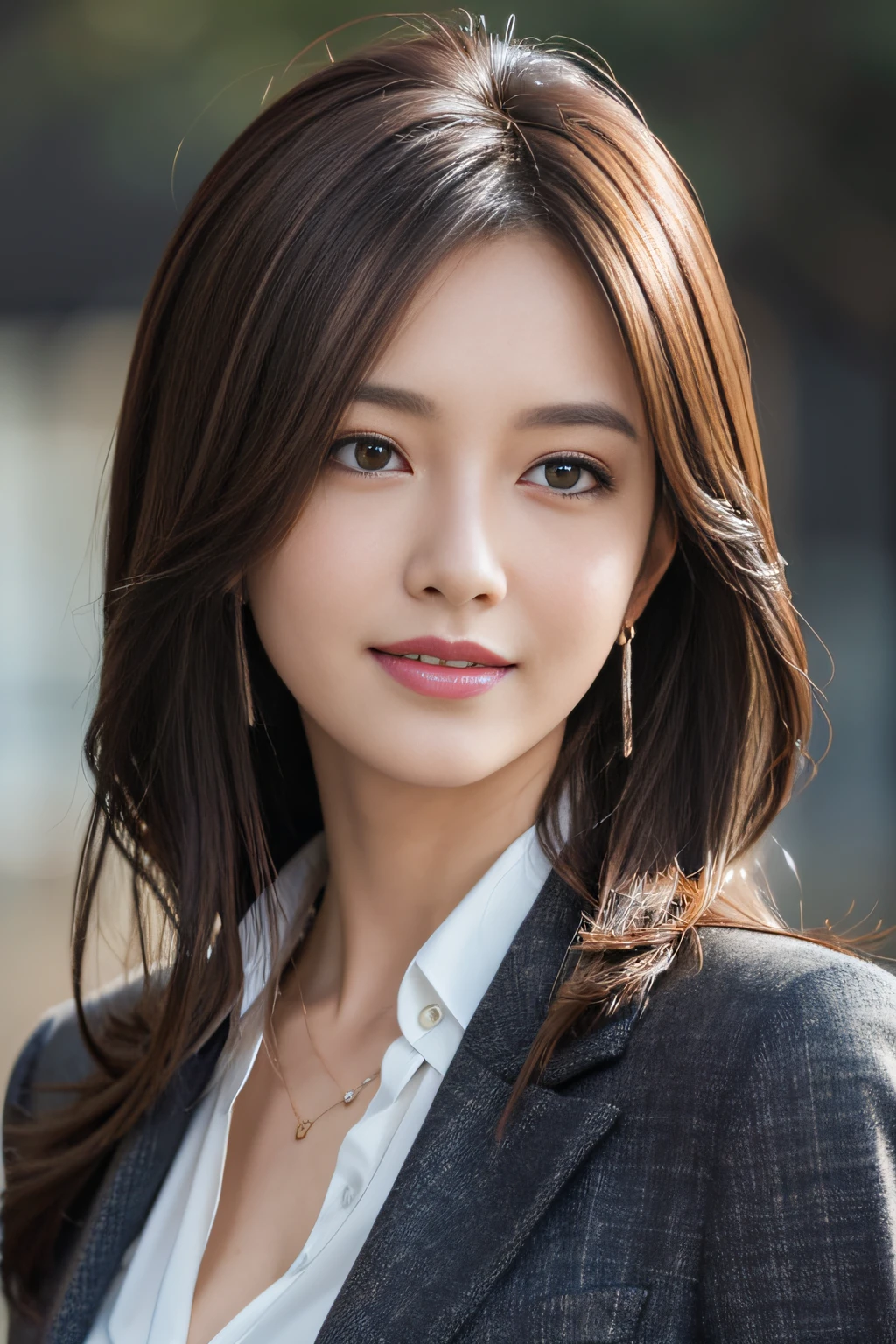 masutepiece, Best Quality, Photorealistic, Ultra-detailed, finely detail, High resolution, 8K Wallpaper, 1 beautiful woman,, light brown messy hair, in a business suit, foco nítido, Perfect dynamic composition, Beautiful detailed eyes, detailed hairs, Detailed realistic skin texture, Smiling, Close-up portrait, Model body type
