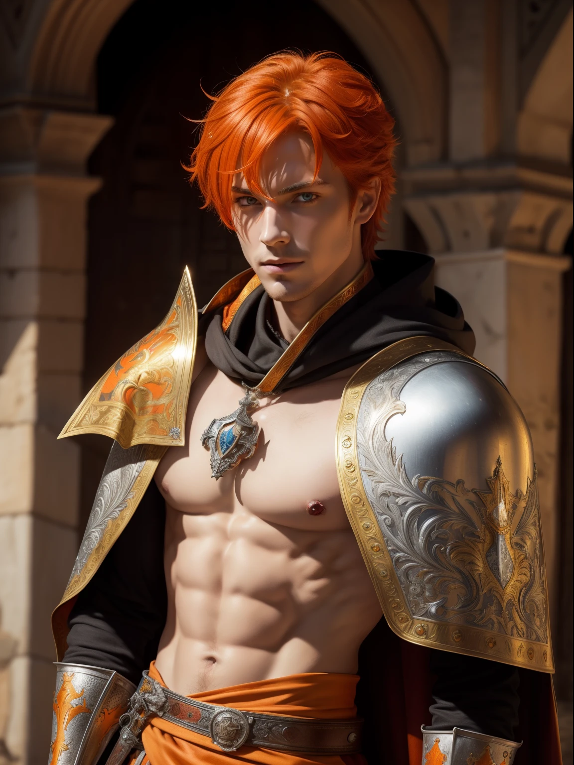 the highest quality, detailed image, colorful, vivid colors, solo, detailed face, male, shirtless, orange red hair, medieval knight, silver armor with decorations, sword, great sword, inside old castle, glossy skin, cloak, gilded, royal, fox, foxes, orange,