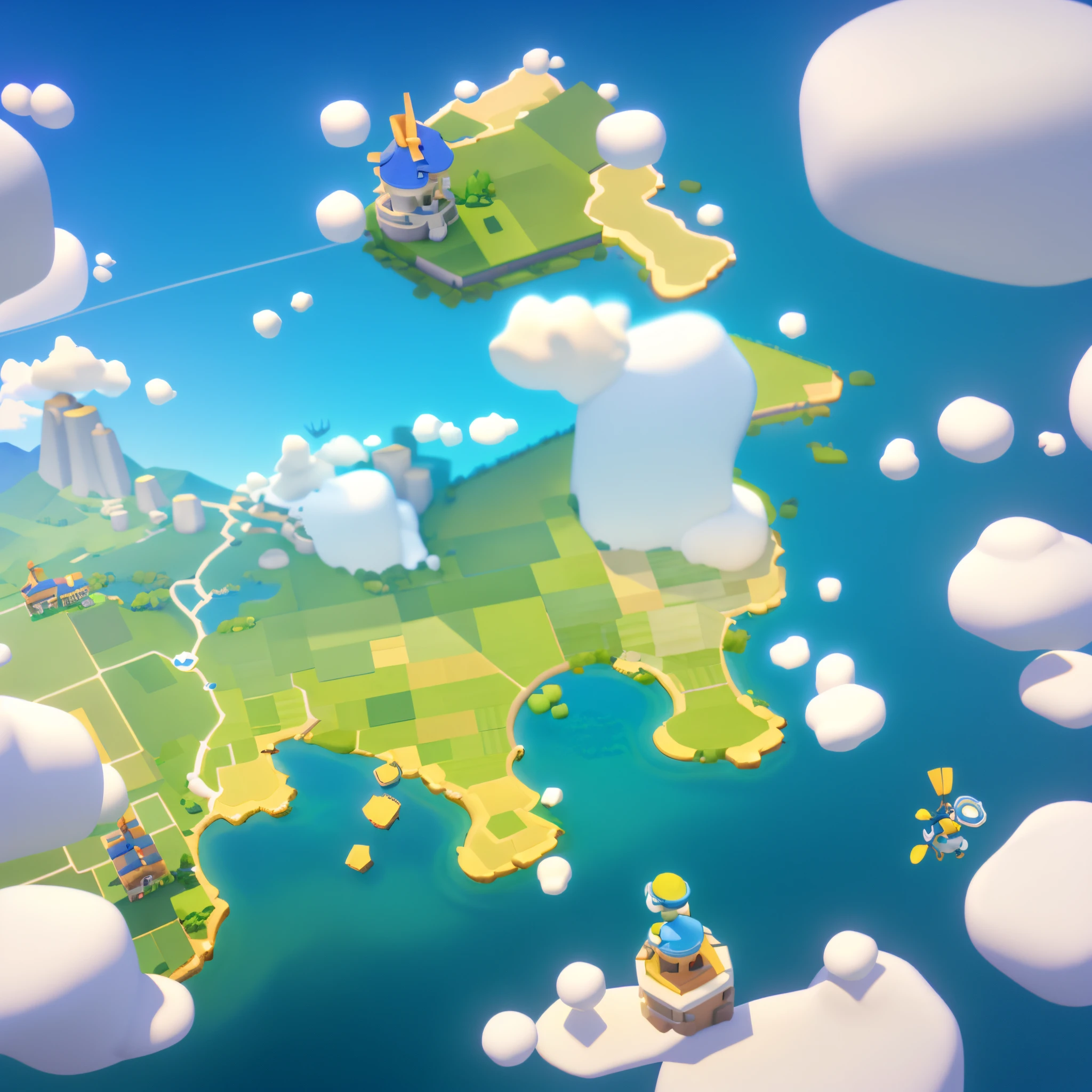 Game architectural design, 's,steinlue-sky,baiyun,windmills,Small lake,grassy fieldont,lands,casual game style,blender,closeup cleavage,tmasterpiece,super detailing,best qualtiy