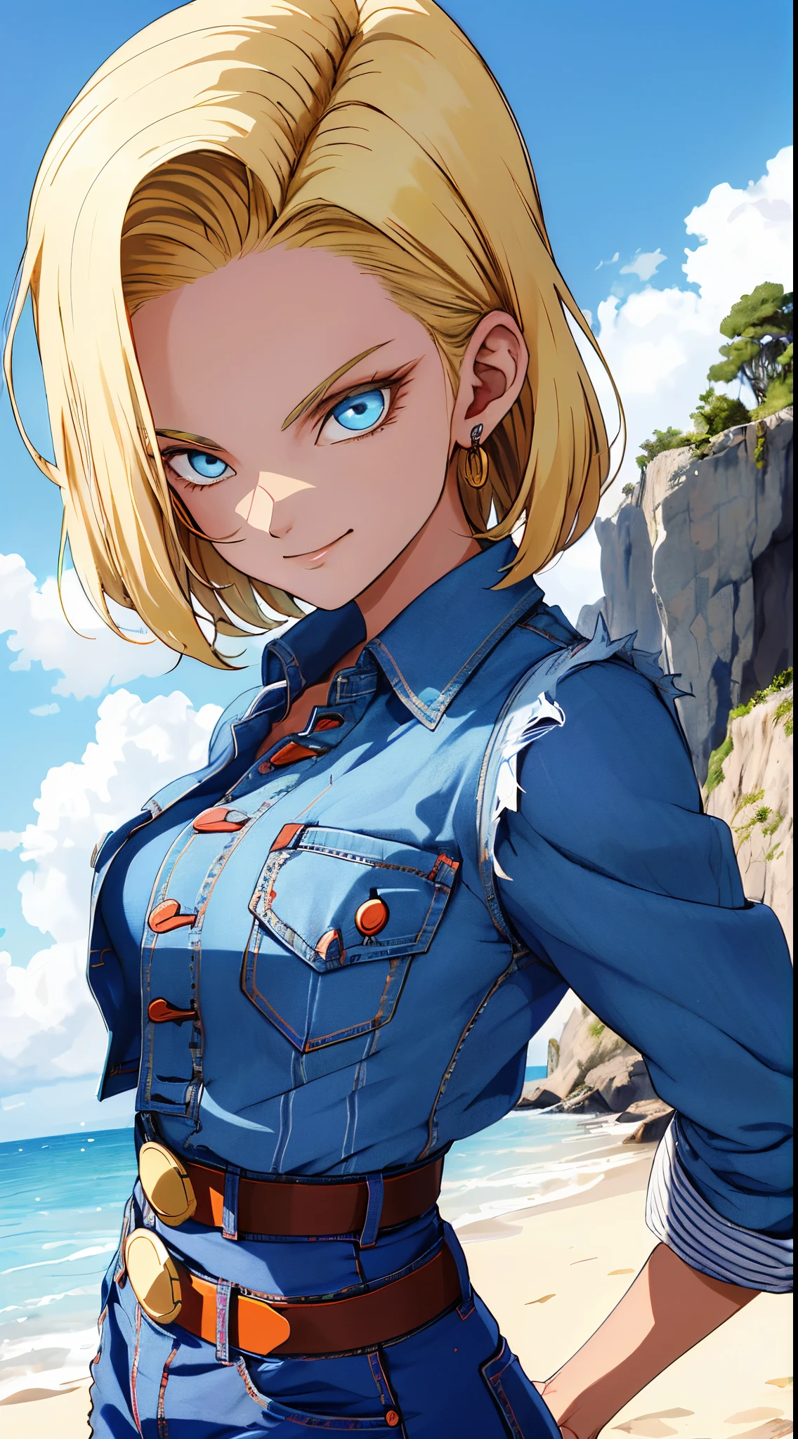 tmasterpiece， Best quality at best， Ultra - Detalhado， absurdos， retrato bonito android18db， solo， 耳Nipple Ring， (biquini:1.5)，Vestidos，joias， (Traje fora do ombro:1.5)，clivagem， closeup da parte superior do corpo，sorriso， Tangas， Coletes， nuvem， Skysky， diasieteriores，Denim super curto de qualidade， tmasterpiece， detalhes intrincados， Mapeamento de tons， foco nítido， Ultra - Detalhado， Artstati the trend，