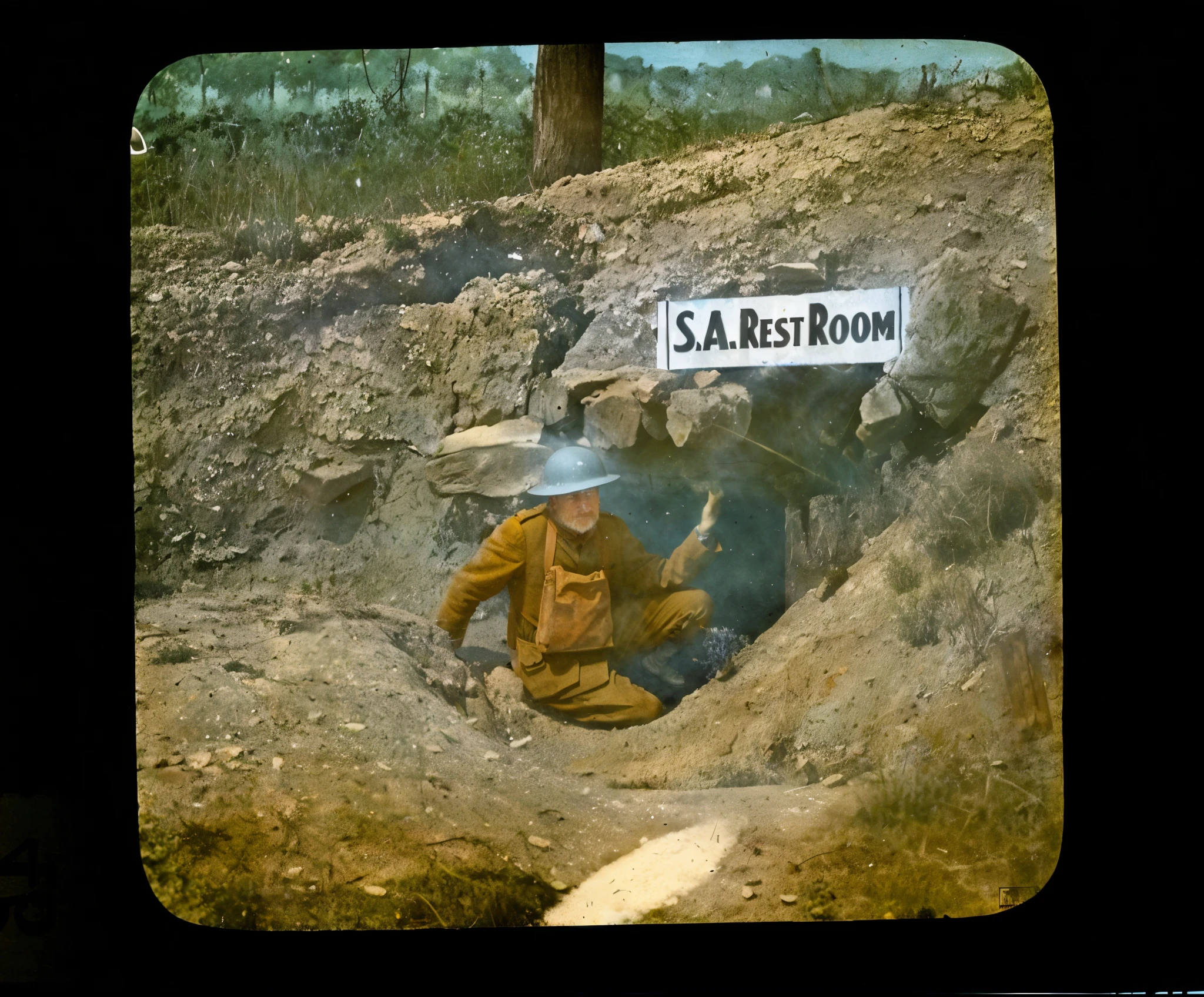 there  a man sitting in a hole with a sign on it, autochrome, autochrome photograph, 4 k photo autochrome, ww1 trench, taken on a ww 1 camera, colorized, colourized, colorized photograph, colorized 1 9 0 4 photo, 1915, award winning colorized photo, photo still of, ww1 photo