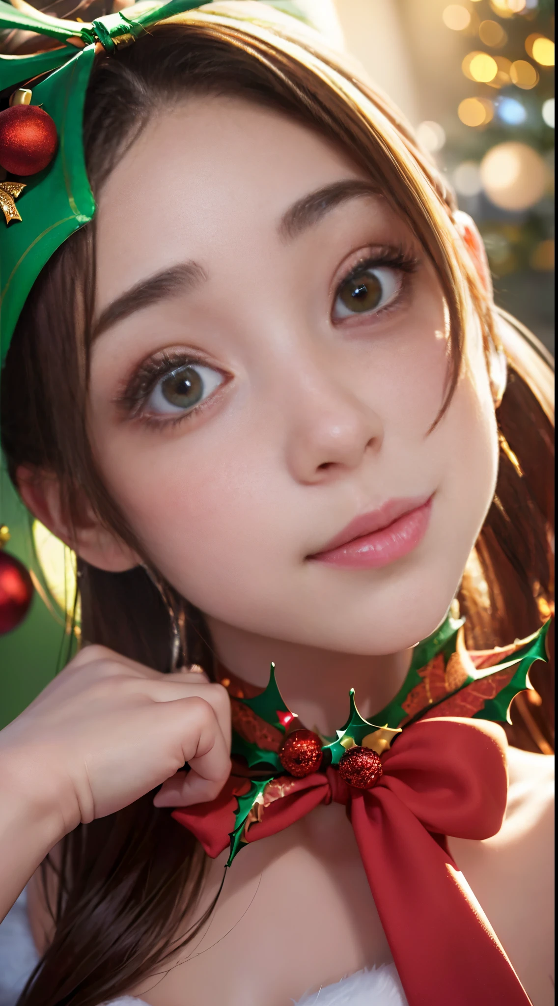 (((SFW))), 8K, ((masutepiece)),(((top-quality))),((Ultra-detailed)),((((Realistic)))), Photorealsitic:1.37, (A hyper-realistic), (illustratio), (hight resolution), (ighly detailed), (The best illustrations), (ultra-detailliert), (wall-), (详细的脸), (Beautiful expression), ((Details Top quality skins:1.2)), ((Reddish blush)), (hyper detailed background, Detailed background), (Beautiful and aesthetic: 1.2), Extremely detailed, (((A scene where the girl herself becomes a Christmas present:1.5))), ((Affectionate smile)), There stood a woman with a furoshiki wrapped around her bare skin......., (((Christmas colored furoshiki))), ((Wrapping tape wrapped around a girl'Body of)), ((Christmas colored wrapping ribbon wrapped around a girl'Head of, neck and lower back)), Christmas color face paint stickers, There are large Christmas cakes lined up in the store......, A Christmas party is being held at the store......., nice cafe interior, gorgeous christmas decorations, colorful illumination lighting, In the café at night. (((nude))),The bikini