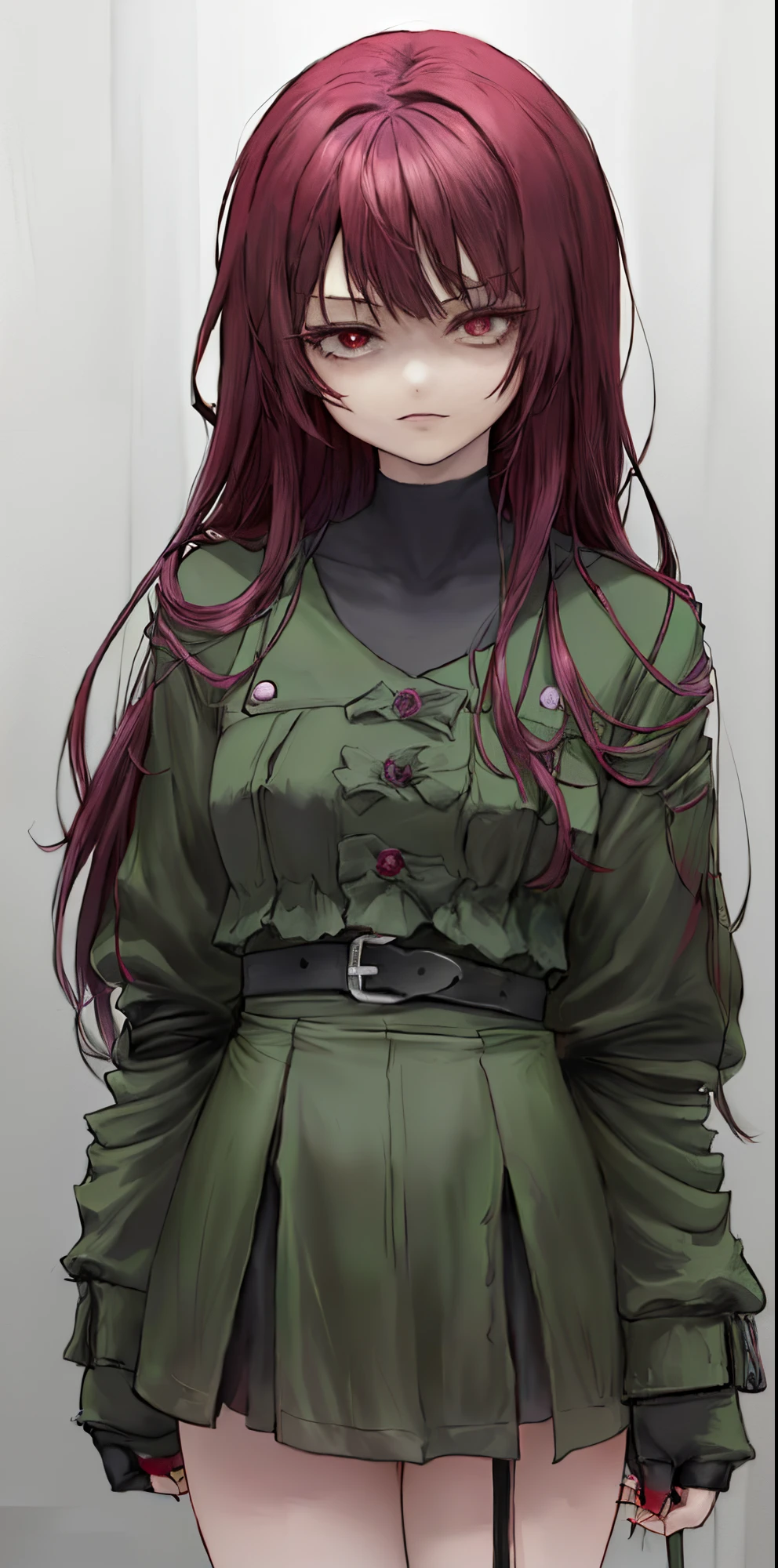 Chica caricaturacon cabello Fluorescente rojo y ojos verdes sentada en un banco., pechos grandes [[[[sonriendo malvado]]]], Fanart horror, Retrato estilo anime, en un estilo anime, en estilo anime, 3  0- year - old anime goth girl, crimson red hair and red eyes, Retrato de ((travieso)), Ella tiene el pelo rojo, cyberpunk style.