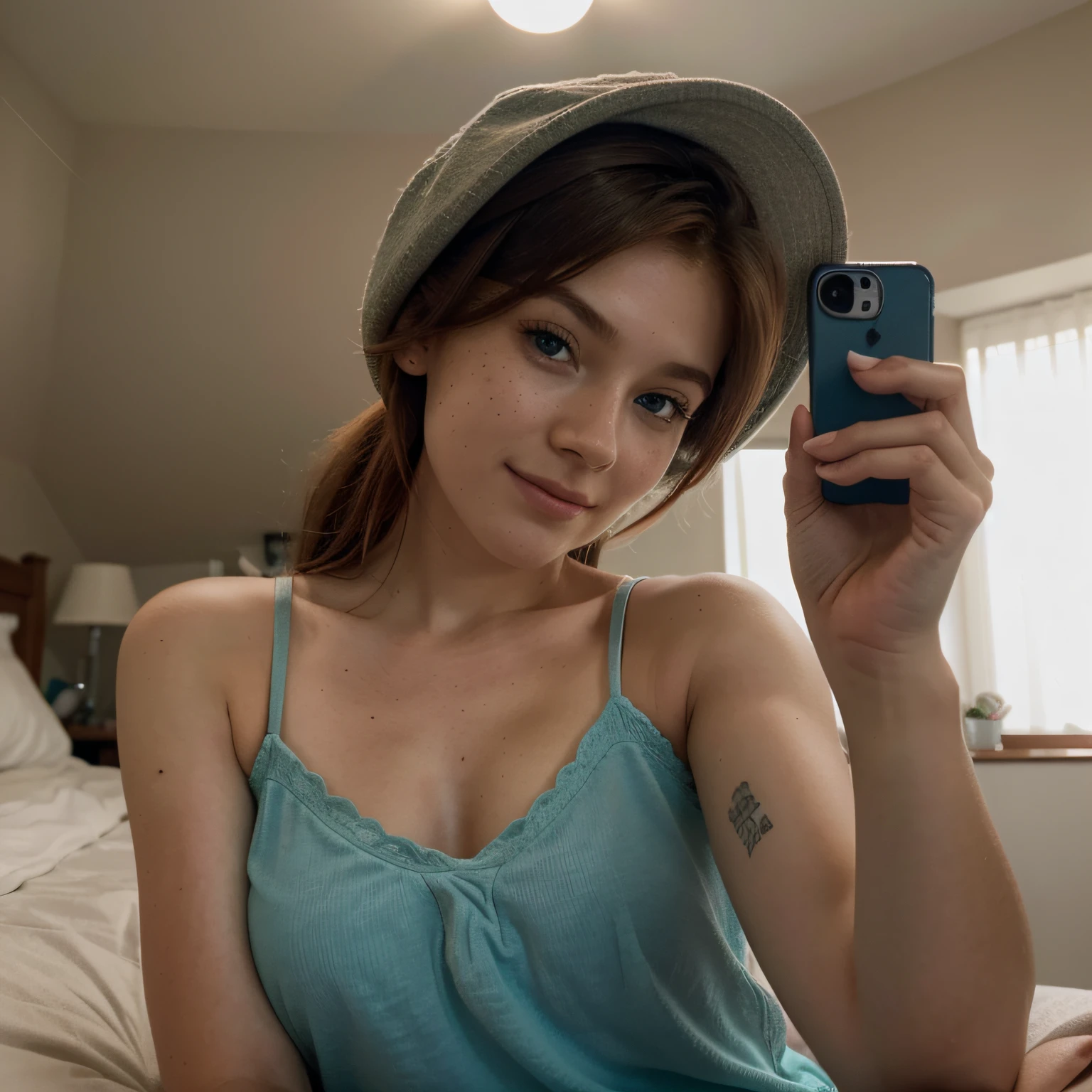 modelo ruiva, 18 anos, capturing a selfie from an angle above. Hair: Tucked under a stylish cap, alguns Fios escapando de brincadeira. Facial features: bright sea blue eyes looking at the camera, uma pitada de sorriso, sardas claras dando um charme juvenil. traje: Comfortable yet chic sweater, insinuando sensualidade, Maintaining Elegance. Posar: deitada de costas, one arm extended upwards holding the phone, the fingers of the other hand lightly touching the brim of the cap, adding a playful element. cena: o quarto dela como pano de Fundo, elegante mas pessoal, com macio, Diffuse lighting creating a welcoming atmosphere. TeleFone: smartphone em um case elegante, Capturando o momento. Background Story: Borrada, Focusing attention on your engaging expression and the details of the cap. Imagem digital ultra-realista, 8K resolution, Sharp focus on face and cap, paleta de cores rica, balanced lighting, sombras sutis. Camera settings: Sony Alpha 1, F/1.8 lentes, 35mm focal length, textura de alto detalhe, qualidade de vida