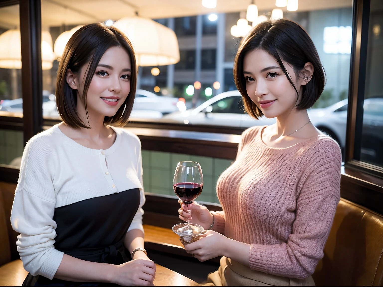 (64k uhd、nffsw、top-quality、​masterpiece:1.2)、(realisitic、Photorealsitic:1.37)、ultra-detailliert、wine glasses、enjoying a glass of wine、a matural female、Two beautiful women、(Slim Faces)、(Slim body)、（brawn hair）、(short-cut)、Latino、smiling french woman、happy italian girl、British woman、Americana、blush a little on the cheeks、(38 years)、42 year old、red wine、A beautiful and detailed night view spreads out outside the window......、resturant、Wine glasses in a prominent place、natta、(from waist up)、sitting on、date、(A smile:1.15)、Beautiful detailed eyes、Cashmere sweater、long-sleeved dresses、japanes、(short-hair:1.2)、Float NovaFrogStyle、、modeled、from waist up、white wine、Slimed、wine glasses、Super beautiful night view、Put the wine glass in the middle、Happy smile、(8K、Raw photography、top-quality、​masterpiece:1.2)、(realisitic、Photorealsitic:1.37)、ultra-detailliert、超A high resolution、2 females、see the beholder、beautifull detailed face、A smile、Constriction、(Slim waist) :1.3)、knit shirt、Beautiful detailed skin、Skin Texture、floated hair、professional light needle breast、eyes gentle