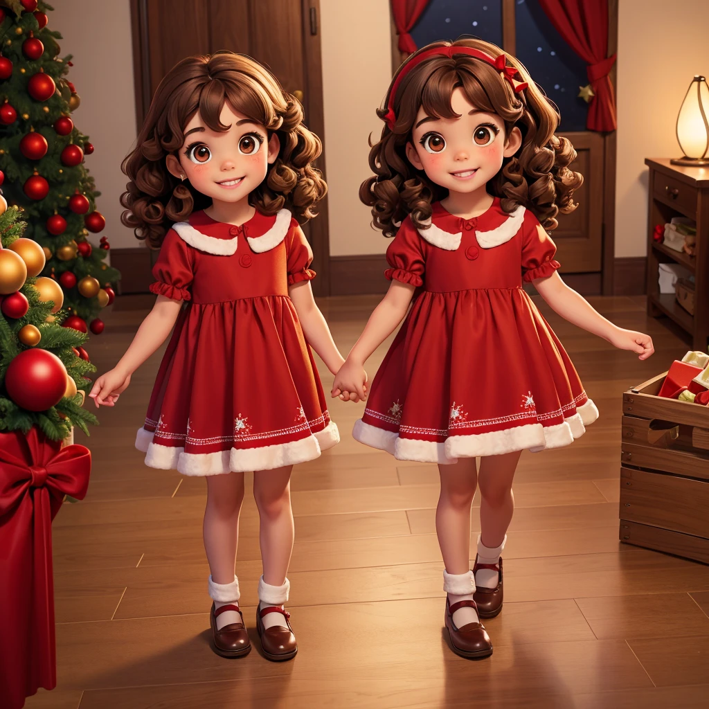 full body image. of two , four-year-old s, cubrownir, brown eyes, charming smile, wearing a fairytale-style red Christmas dress.