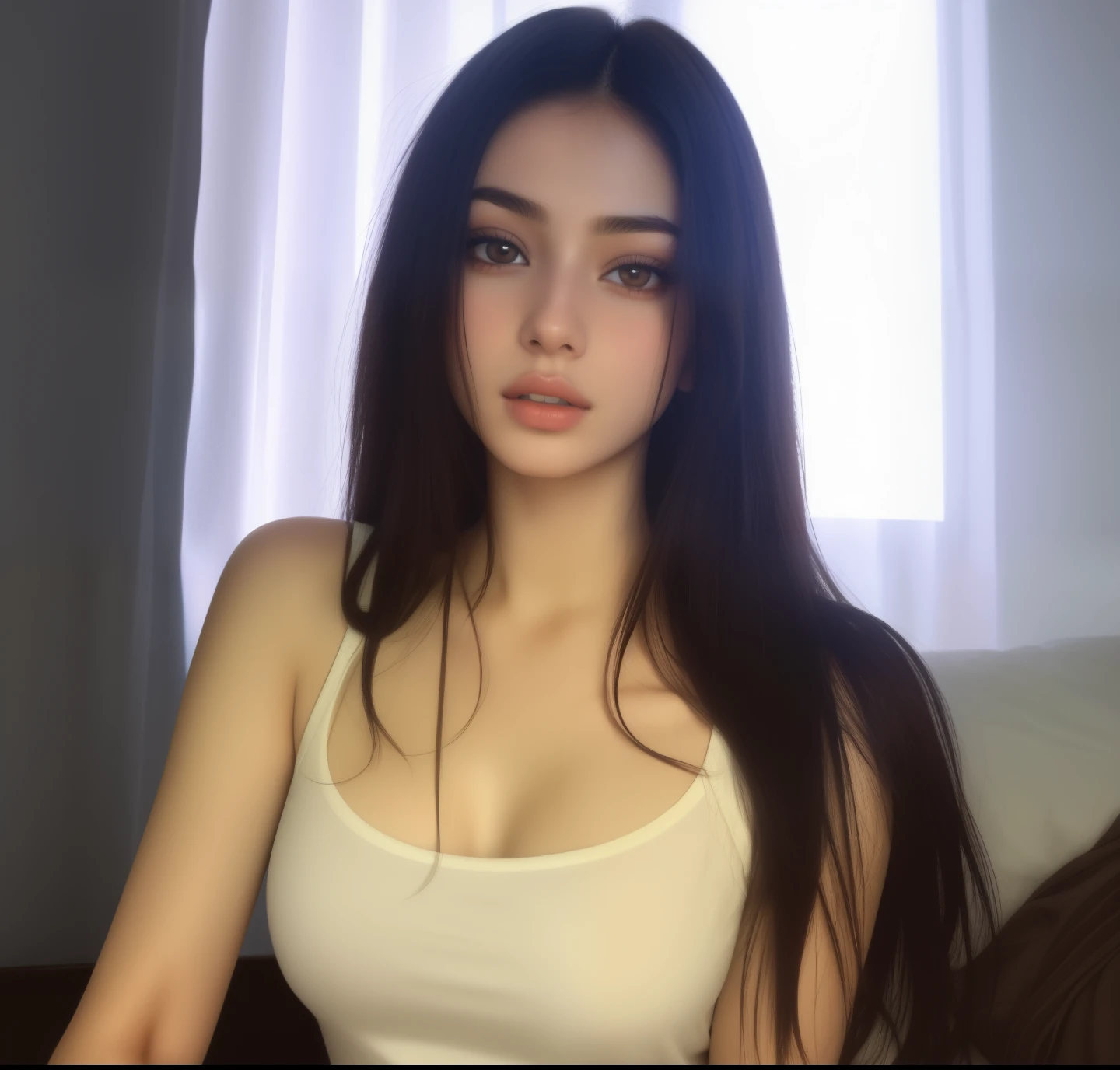 Mujer araffada con una camiseta blanca sentada en una cama, 18 years old, pale-skinned persian girl, 19 year old girl, 1 6 years, Novia rusa, Retrato Sophie Mudd, sexy look at the camera, 2 4 year old female model, con cabello largo y ojos penetrantes, Modelo muy bonita