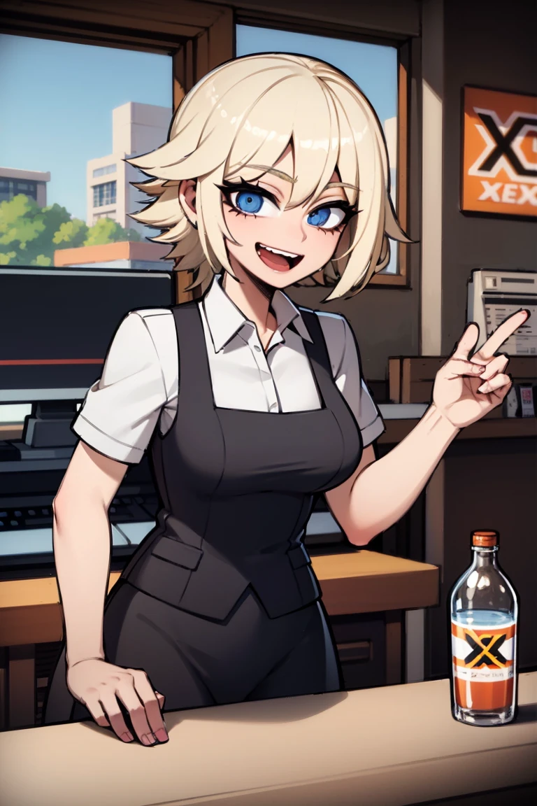 1girl, mature, adult, employee, cashier, (Oxxo:1.3) beauty, eyelashes, talking, npc, high detailed, master piece, white shirt, cashier woman, cartoon, open mouth, happy