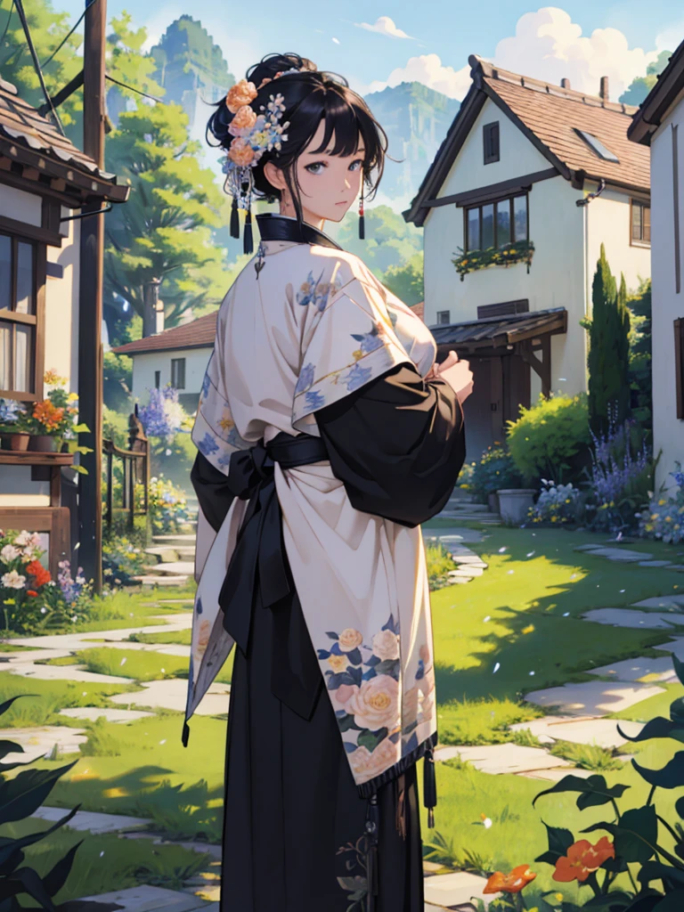 top-quality、4k wallpaper、masterpiece、the Extremely Detailed CG Unity 8K Wallpapers、extremely detailed eye、ultra-detailliert、intricate-detail、、1girl、looking at the viewers、outside of house、garden、florals、flowers background、