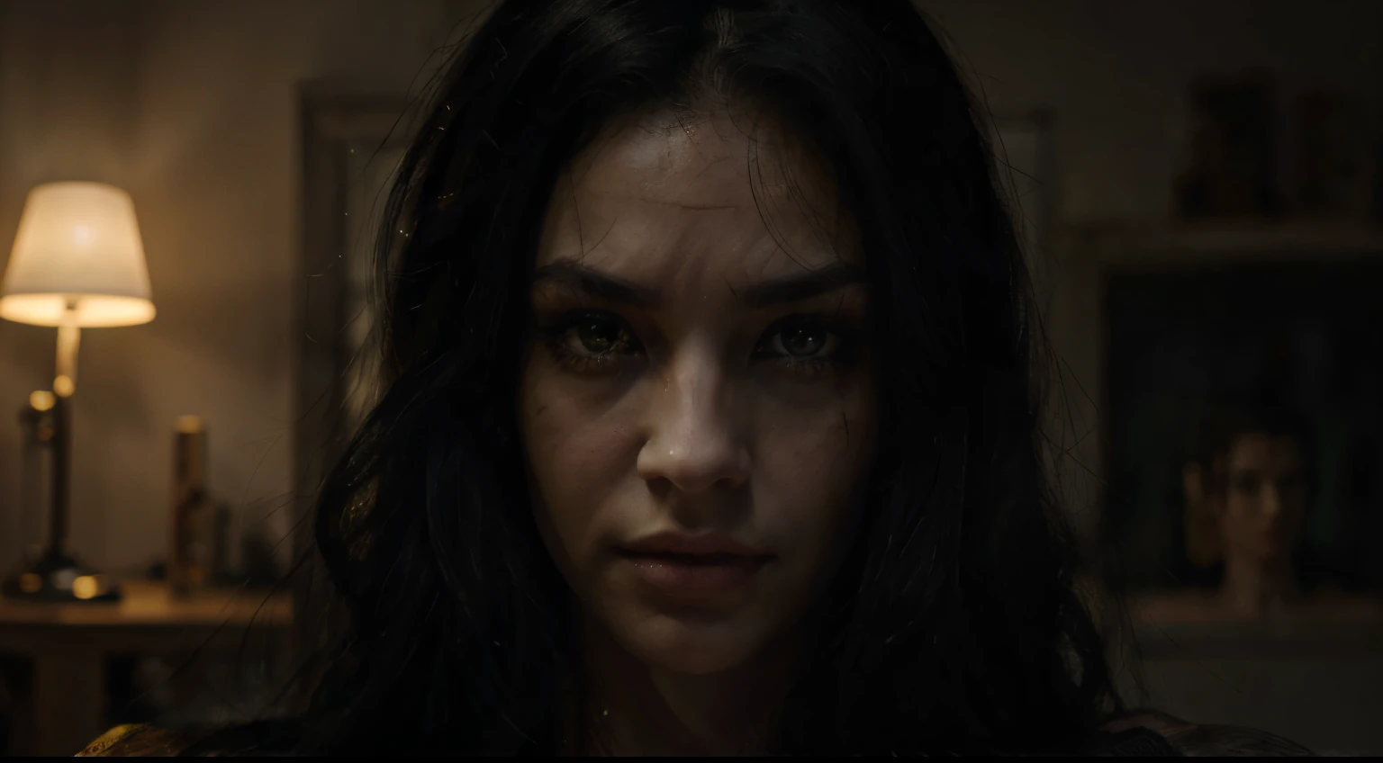 Create a high-quality illustration with advanced details: portray a dark character with long black hair, seemingly attractive but marked by a scar across the eyes. A man with feminine facial features, emerald eyes, and a gaze fixed on the screen as if about to claim his next victim.