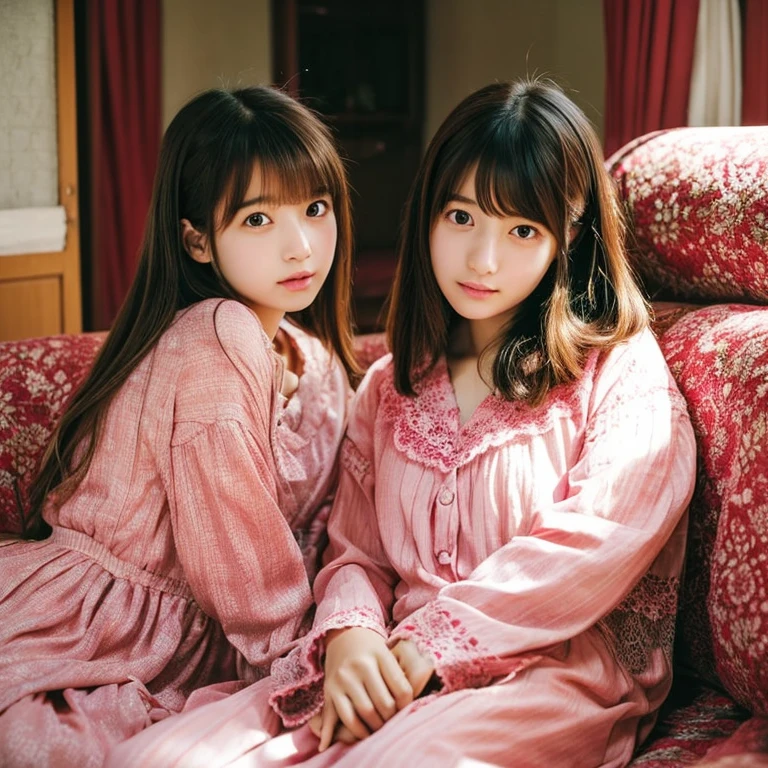 An ultra-high picture quality、Perfect Photo、japanes、16-year-old beautiful girl in Japan、huge window、Cherry colored clothes、Sleepy look、Lace curtains、dim room、sit on sofa、2 girls in&#39;Not similar..、one person has long hair、One person has short bob hair、Open mouth slightly、stare at each other、