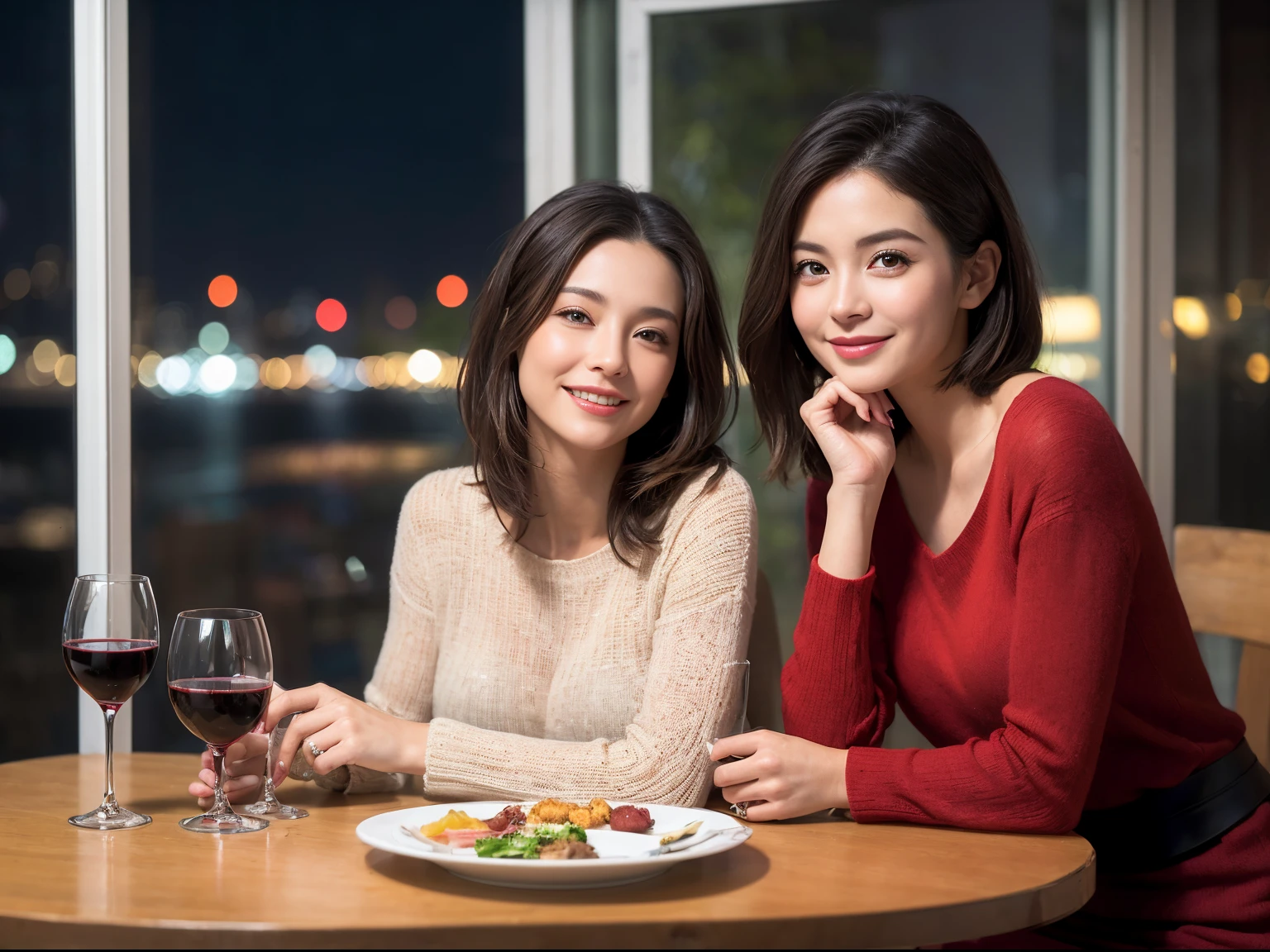 (64k uhd、nffsw、top-quality、masterpiece:1.2)、(realisitic、Photorealsitic:1.37)、ultra-detailliert、ssmile、Happy、Party、lucky、wine glasses、enjoying a glass of wine、a matural female、Two beautiful women、(Slim Faces)、(Slim body)、(brawn hair)、(short-cut)、Latino、smiling french woman、happy italian girl、British woman、Americana、blush a little on the cheeks、(38 years)、42 year old、red wine、A beautiful and detailed night view spreads out outside the window.......、resturant、Wine glasses in a prominent place、natta、(from waist up)、sitting on、date、(A smile:1.15)、Beautiful detailed eyes、Cashmere sweater、long-sleeved dresses、japanes、(short-hair:1.2)、Float NovaFrogStyle、、modeled、from waist up、white wine、Slimed、wine glasses、Super beautiful night view、Put the wine glass in the middle、Happy smile、(8K、Raw photography、top-quality、masterpiece:1.2)、(realisitic、Photorealsitic:1.37)、ultra-detailliert、超A high resolution、2 females、see the beholder、beautifull detailed face、A smile、Constriction、(Slim waist) :1.3)、knit shirt、Beautiful detailed skin、Skin Texture、floated hair、professional light needle breast、eyes gentle