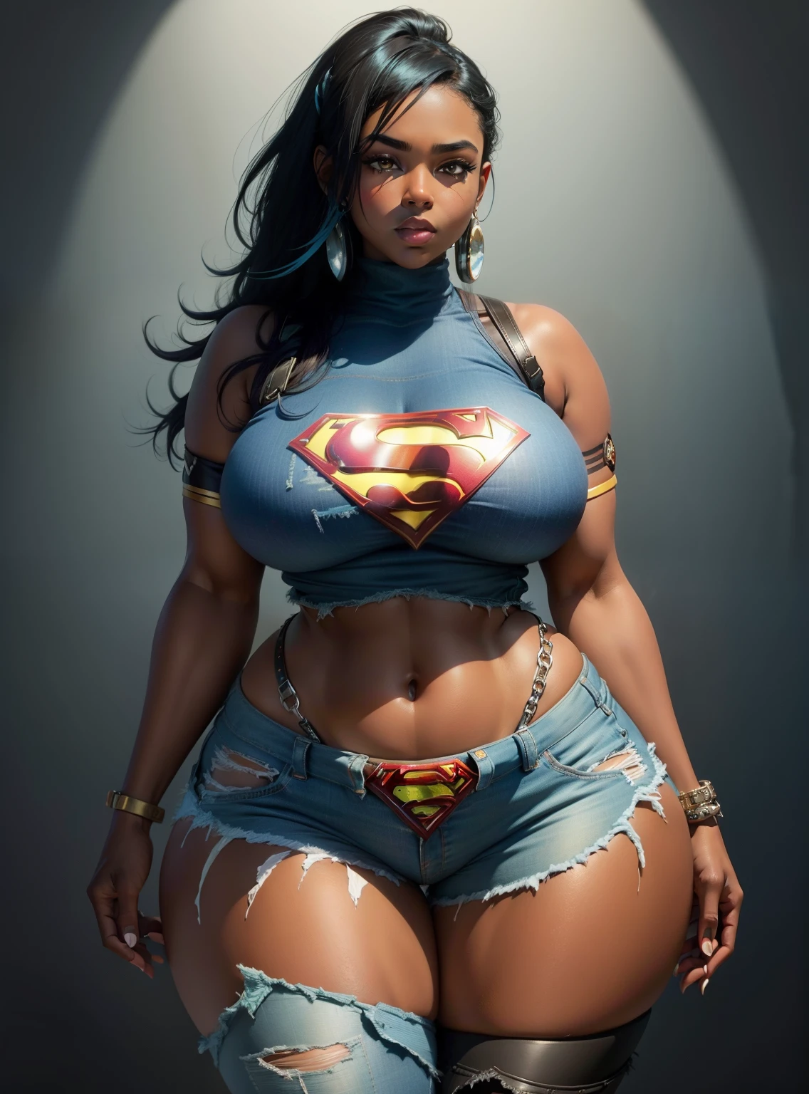 Dark skin girl with black hair and teal hairstreaks, navy blue ripped jeans, hazel colored eyes, butterfly tattoo on left breast while wearing fingerless gloves, brown plaid shirt, ((((wide hips)))), (((((super thick thighs)))))