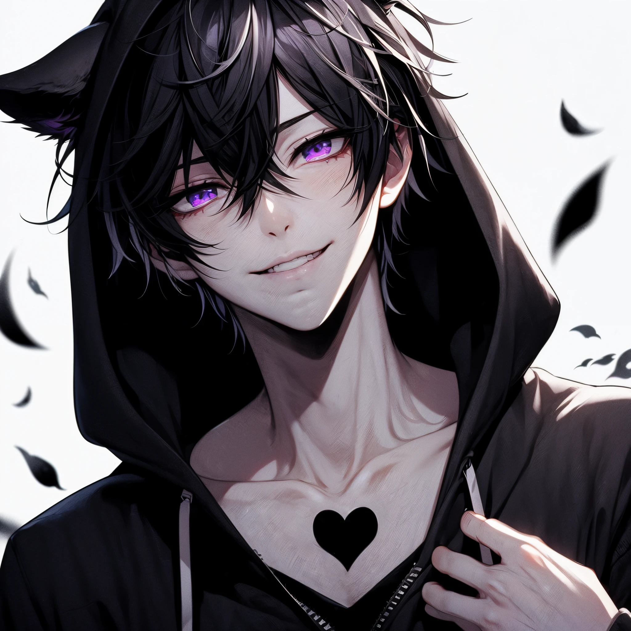 Evil smile, Beautiful young man, Black hair, Purple eyes, Short hair, slit-eyes, black hooded hoodie with wolf ears, White background, Dog Pose, shoulders up, flying black heart,High quality, amount of drawing, pixiv illustration