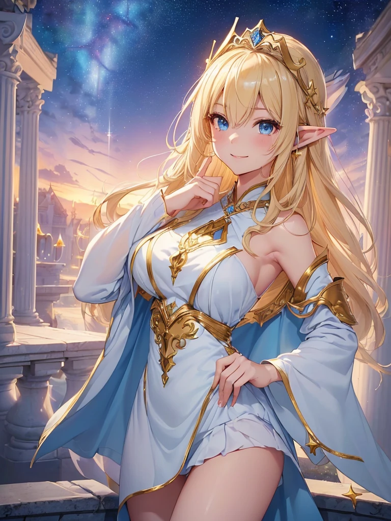 top-quality、Top image quality、​masterpiece、Super beautiful elf girl((24 year old、Best Bust、big bast、Bust 90,Beautiful long blonde hair ironed、A slender、 skating、Esbian、beautiful tiara、hiquality、Beautiful Art、Background with((starrysky)))masutepiece、visualart、depth of fields、low angle of morning sky、Yuki、Elven ears、、light magic、kosmos、harp melody🎵、Happy smile、Gentle light、、Beautiful legs that are gentle on the skin、、、Number of fingers to achieve precise finger movements、ticker beautiful dress、elegent、Mystical　、marble pillar beautiful decoration、Winters、Yucating