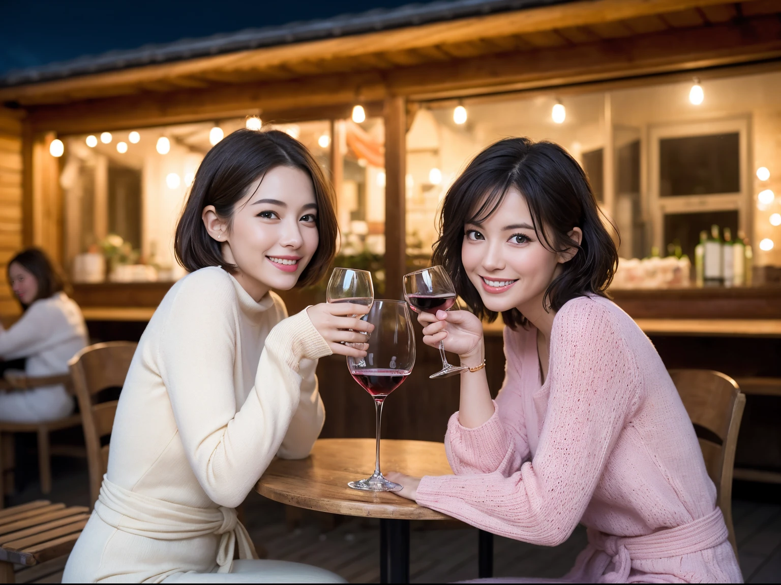 (64k uhd、nffsw、top-quality、masterpiece:1.2)、(realisitic、Photorealsitic:1.37)、ultra-detailliert、ssmile、Happy、Party、lucky、wine glasses、enjoying a glass of wine、a matural female、Two beautiful women、(Slim Faces)、(Slim body)、(brawn hair)、(short-cut)、Latino、smiling french woman、happy italian girl、British woman、Americana、blush a little on the cheeks、(38 years)、42 year old、red wine、A beautiful and detailed night view spreads out outside the window.......、resturant、Wine glasses in a prominent place、natta、(from waist up)、sitting on、date、(A smile:1.15)、Beautiful detailed eyes、Cashmere sweater、long-sleeved dresses、japanes、(short-hair:1.2)、Float NovaFrogStyle、、modeled、from waist up、white wine、Slimed、wine glasses、Super beautiful night view、Put the wine glass in the middle、Happy smile、(8K、Raw photography、top-quality、masterpiece:1.2)、(realisitic、Photorealsitic:1.37)、ultra-detailliert、超A high resolution、2 females、see the beholder、beautifull detailed face、A smile、Constriction、(Slim waist) :1.3)、knit shirt、Beautiful detailed skin、Skin Texture、floated hair、professional light needle breast、eyes gentle