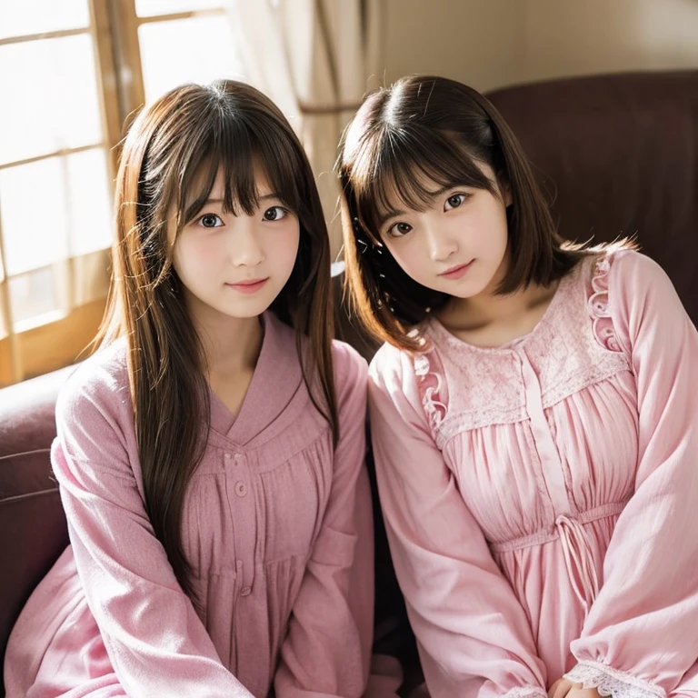 An ultra-high picture quality、Perfect Photo、japanes、16-year-old beautiful girl in Japan、huge window、simple cherry blossom clothes、Sleepy look、Lace curtains、dim room、sit on sofa、2 girls in'Not similar..、one person has long hair、One person has short bob hair、Open mouth slightly、stare at each other、