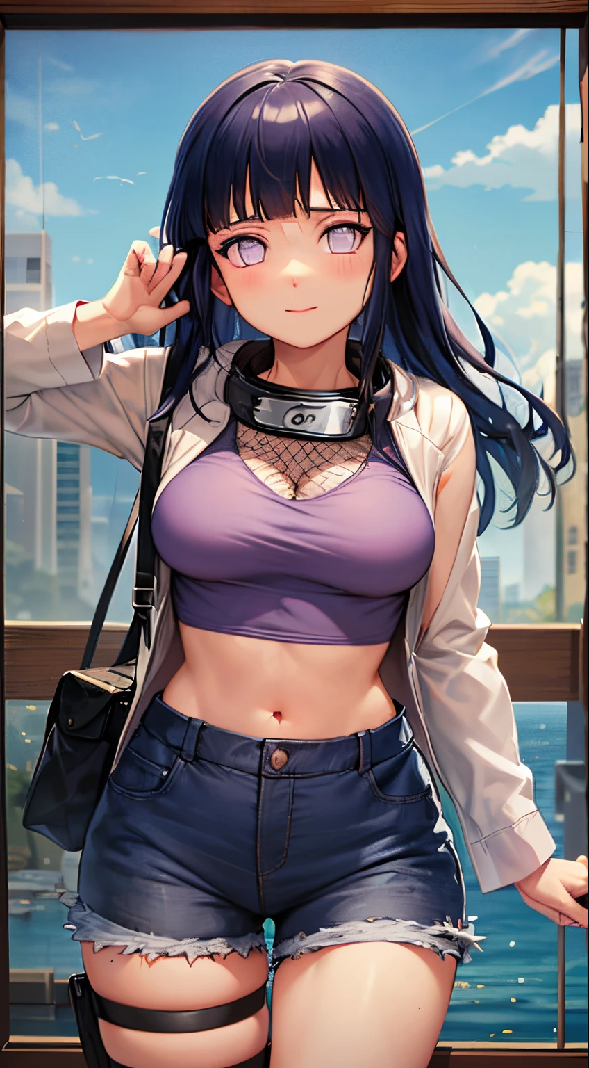 master part, High definition, alta qualidade, Rosto detalhado, Detailed body rendering, 1girl, sozinho, Hinata roupas sem mangas,quarto,, camisa sem mangas,( clothing with fishing net), jaqueta descompactadora, Standing, corar, (no quarto)