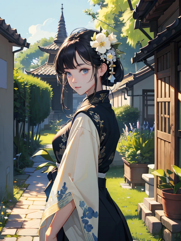 top-quality、4k wallpaper、​masterpiece、Highly Detailed CG Unity 8K Wallpaper Highly Detailed Eyes、ultra-detailliert、intricate-detail、、1girl in、looking at the viewers、outside of house、garden、background under flowers、