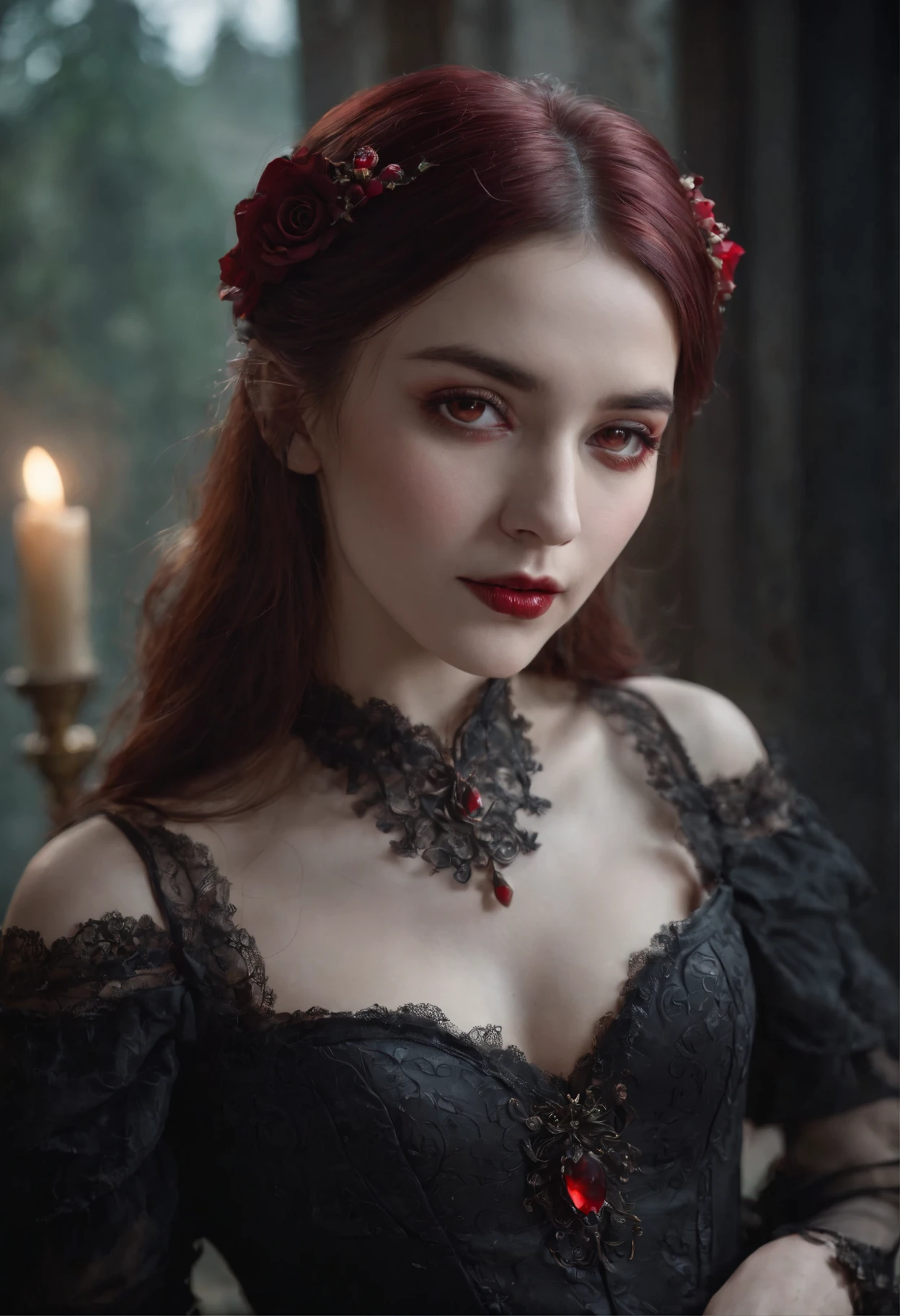 ((masterpiece)), Vampire princess, (absurdres, highres, ultra detailed),1girl, backlighting, bare shoulders, black background, black gothic dress, black and pink hair, blood, cowboy shot, dress, ornate ancient earrings, expressionless, roses, light particles, long hair, looking at viewer, off-shoulder gothic ancient boned design dress, rose petals, red eyes,