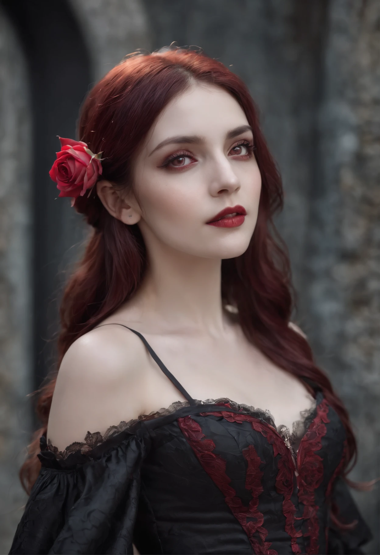((masterpiece)), Vampire princess, (absurdres, highres, ultra detailed),1girl, backlighting, bare shoulders, black background, black gothic dress, black and pink hair, blood, cowboy shot, dress, ornate ancient earrings, expressionless, roses, light particles, long hair, looking at viewer, off-shoulder gothic ancient boned design dress, rose petals, red eyes,