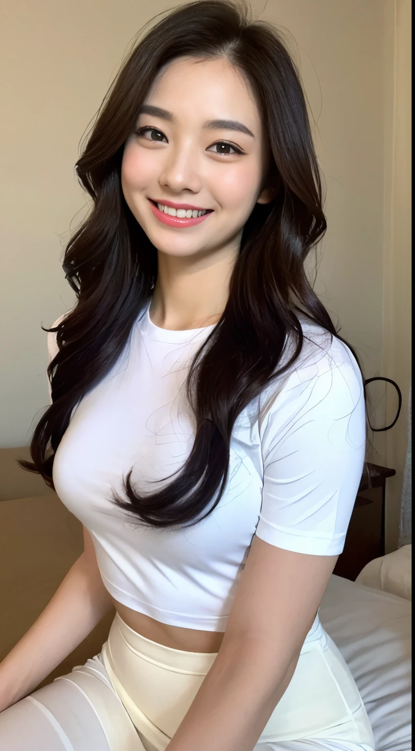 White tight shirt、White tight mini skirt、a bed、a smile、shortsleeves、high-level image quality