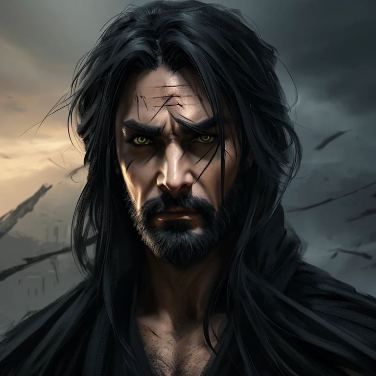 Create a high-quality illustration with advanced details: portray a dark character with long black hair, seemingly attractive but marked by a scar across the eyes. A man with feminine facial features, emerald eyes, and a gaze fixed on the screen as if about to claim his next victim.