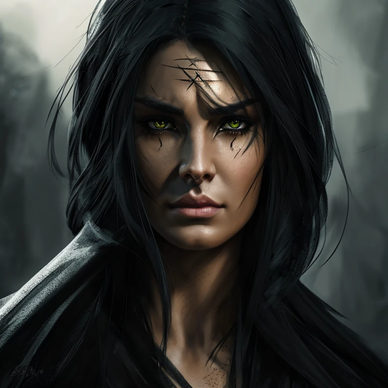 Create a high-quality illustration with advanced details: portray a dark character with long black hair, seemingly attractive but marked by a scar across the eyes. A man with feminine facial features, emerald eyes, and a gaze fixed on the screen as if about to claim his next victim.