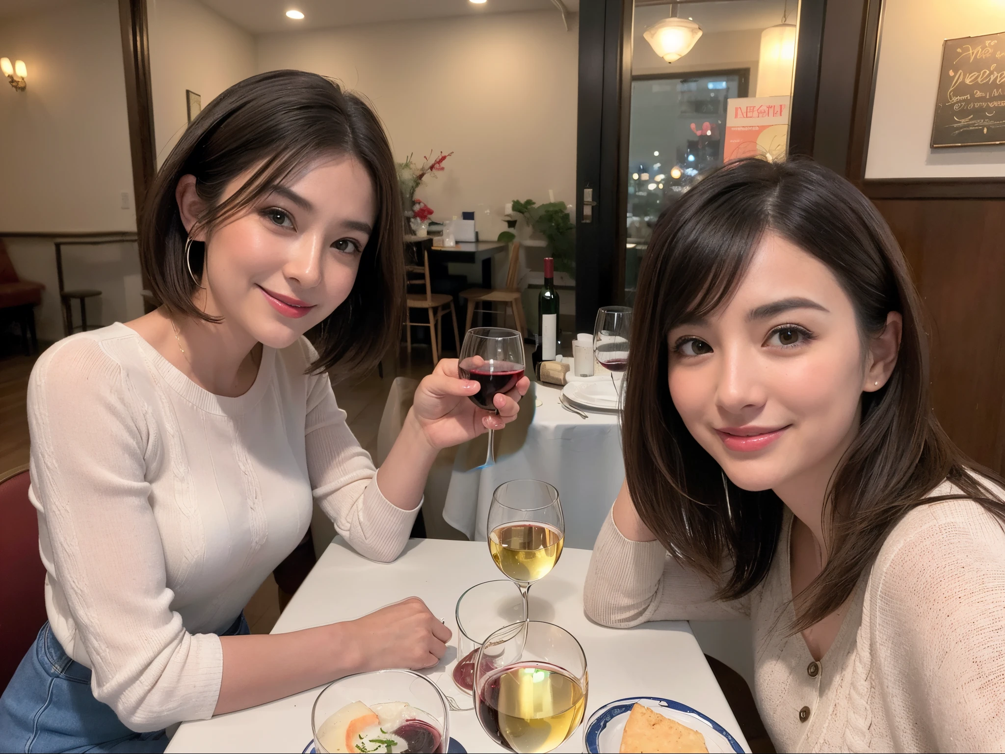 ((Highest quality、8K、masterpiece:1.3))、cute、slimカップル、modelカップル、actress男優、(Realistic, Intricate details:1.2), full-course dinner、Wine Party、Amazing view of the sunset sky and clouds、A bright smile、short hair,Bright Face、 (Age 44), Age 42, red wine 、Appetizers、Italian food、Wine bottle、Champagne、sparkling wine、Two beauties、Brown Hair、Shortcuts、Long sleeve shirt、dress、Beautiful woman 1, (slimな顔), (The body is slim), (Brown Hair), (Shortcuts), cheeks turn a little red,Attractive beauty、restaurant, In a prominent place (From the waist up) Nova Frog Style, actress, model, Upper Body, White wine, slim, wine glass, 中央に置かれたwine glass, smile, (smile: 1.15), Beautiful fine grain, Depth f/2,saturation, High Contrast, Strong light and shadow,Moist Body:1.5、3D texture、Delicate eyes、Brown Hair、The hair is very shiny、