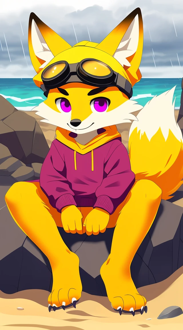 (A character), (fox with yellow fur and white chest), (under muzzle is white), (yellow fur), (white tail tip), (wearing a magenta sweater), (light blue scarf), (yellow jockey hat with orange visor), (orange visor), (magenta eyes), (slim and fit body), (apparently slim but strong appearance), (relaxed expression), (male), (medium height), (solitary), (white eyebrows), (4 toes on his paws), (5 toes on his hands), (magenta eyes), fluffy, (fluffy fur), (goggles), (black crystal goggles), (yellow paws), (background beach), (beach), (rocks in the sand), rocks, (his sweater covers his crotch), (yellow tail with white tips), (his paws and hands are yellow), (black paws), (claws), (golden fur), (golden yellow fur), (black pawpads), kerchief, (sitting), (cloudy), (cloudy day), (cloudy day at the beach), (rain), (rain at the beach), (rain at the beach), (yellow cap), (yellow cap with orange visor), young, (white eyebrows), (thick eyebrows), (claws on their toes), (claws on their fingers), (short claws), short, (medium height)