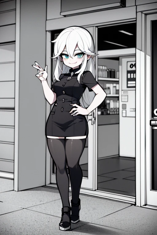 (female store mascot) (Oxxo:1.3) beauty, white hair, smiling, tiny cartoon cashier woman (mature, adult), full body, (pencil_sketch) (black and white palette) monochrome, solo