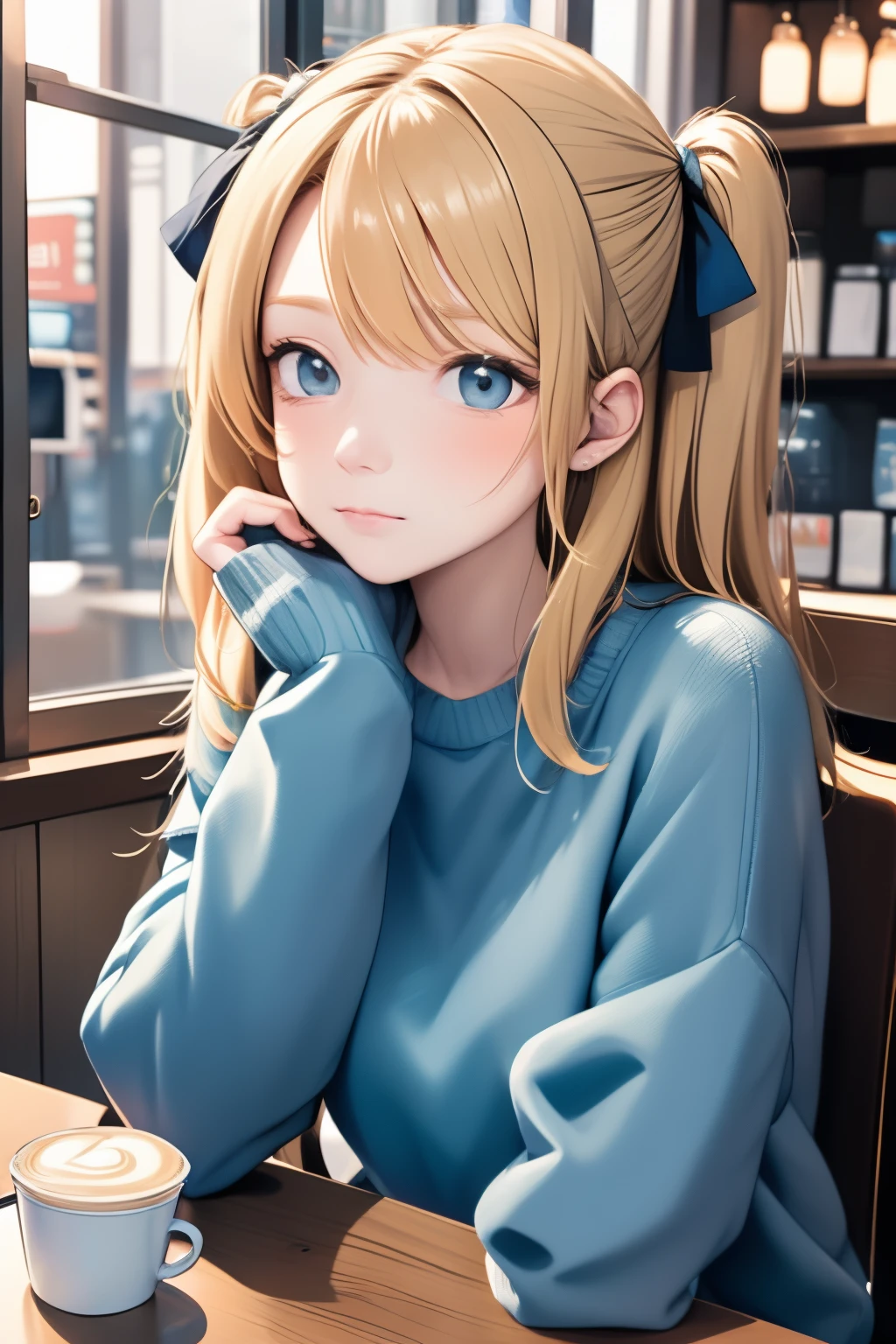 masutepiece, Best Quality,parfect anatomy、 1girl in, Solo, Long hair, ，window, Sitting, Indoors, The table, sleeves past wrists, cafes, Coffee Cup，Hair Bow, head rest, Closed mouth, Blue sweater, Upper body