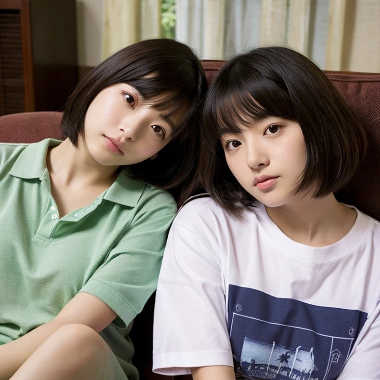 An ultra-high picture quality、Perfect Photo、japanes、16-year-old beautiful girl in Japan、huge window、1 person is wearing a T-shirt、One person is wearing a polo shirt、JINS、Sleepy look、Lace curtains、dim room、sit on sofa、2 girls in'Not similar..、one person has long hair、One person has short bob hair、Open mouth slightly、stare at each other、