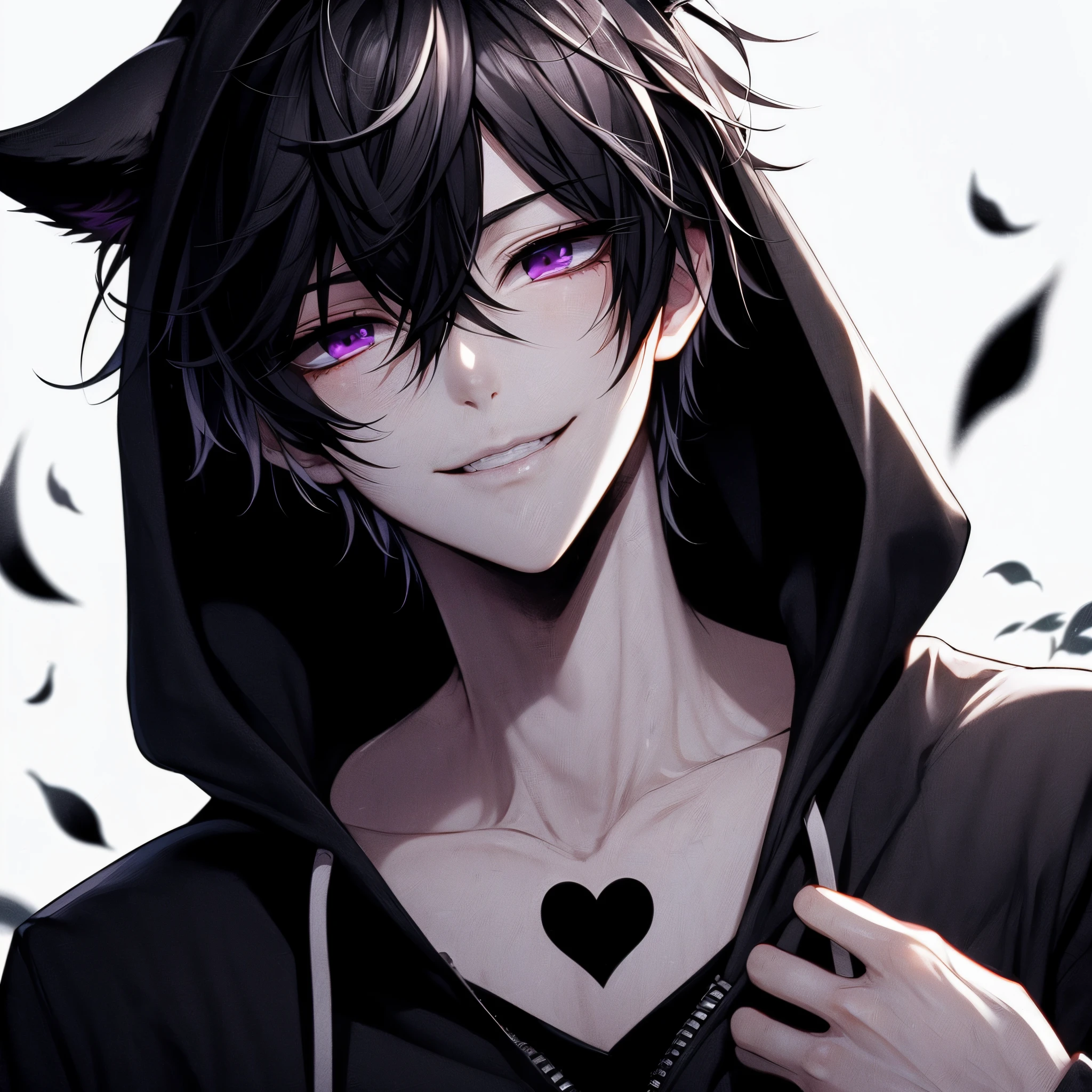 Evil smile, Beautiful young man, Black hair, Purple eyes, Short hair, slit-eyes, black hooded hoodie with wolf ears, White background, Dog Pose, shoulders up, flying black heart,High quality, amount of drawing, pixiv illustration