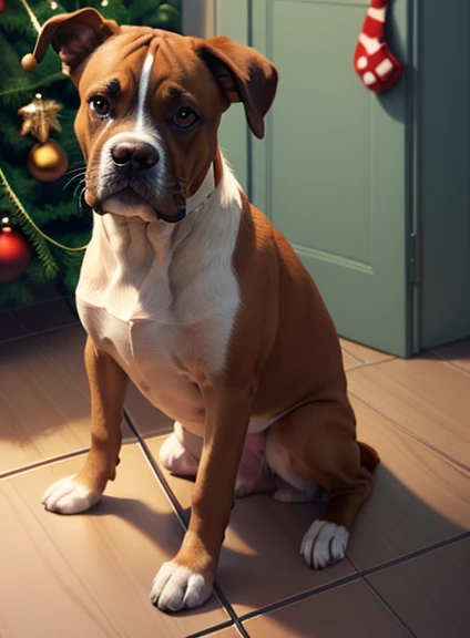 Draw a picture of a Boxer dog ( dog characteristics: o corpo todo marrom mais claro, o peitoral branco, white paws and white neck, possui rabo marrom coom a ponta branca, tem 8 meses de idade.) ao lado do papai Noel. With a Christmas tree in the background and lots of Christmas lights. With all the Christmas scenery. Desenho de um Boxer ao lado do papai Noel. Place Santa next to the dog and a Christmas tree in the background