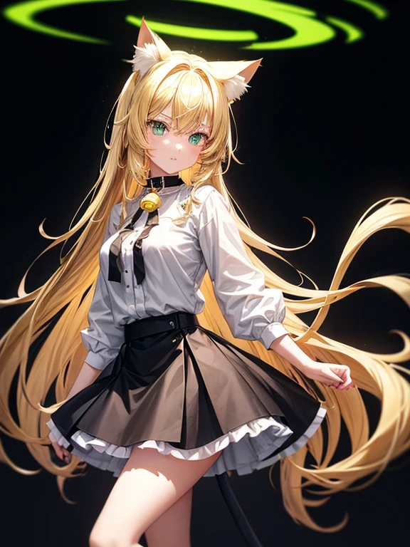 A girl, long blonde open hair, blonde Neko cat ears, light green glowing cat eyes, wearing a black collar with a bell, wearing a white shirt with a low neckline, a black short skirt, black tights, high red high heels, with a blonde cat tail, high resolution, looks forward, stands upright