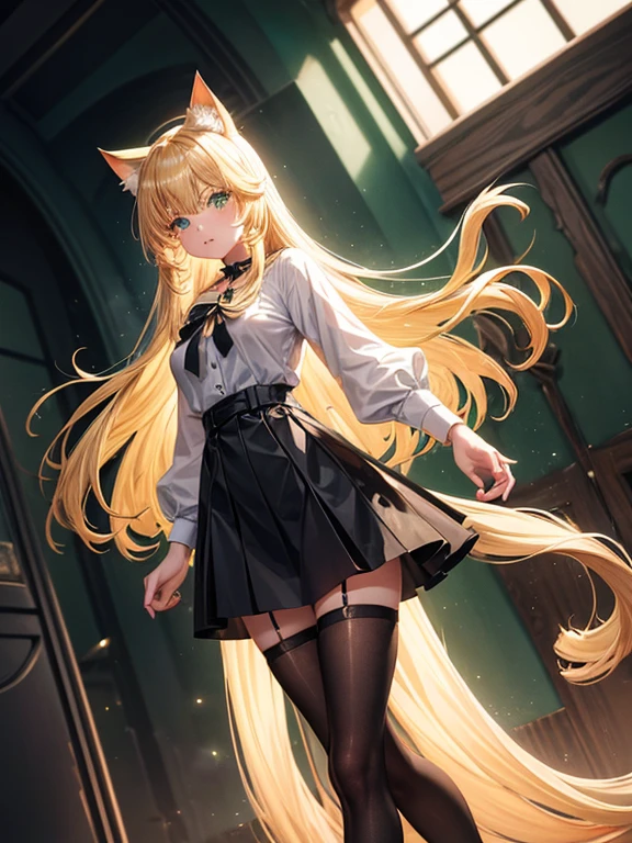 A girl, long blonde open hair, blonde Neko cat ears, light green glowing cat eyes, wearing a black collar with a bell, wearing a white shirt with a low neckline, a black short skirt, black tights, high red high heels, with a blonde cat tail,  high resolution, looks forward, stands upright