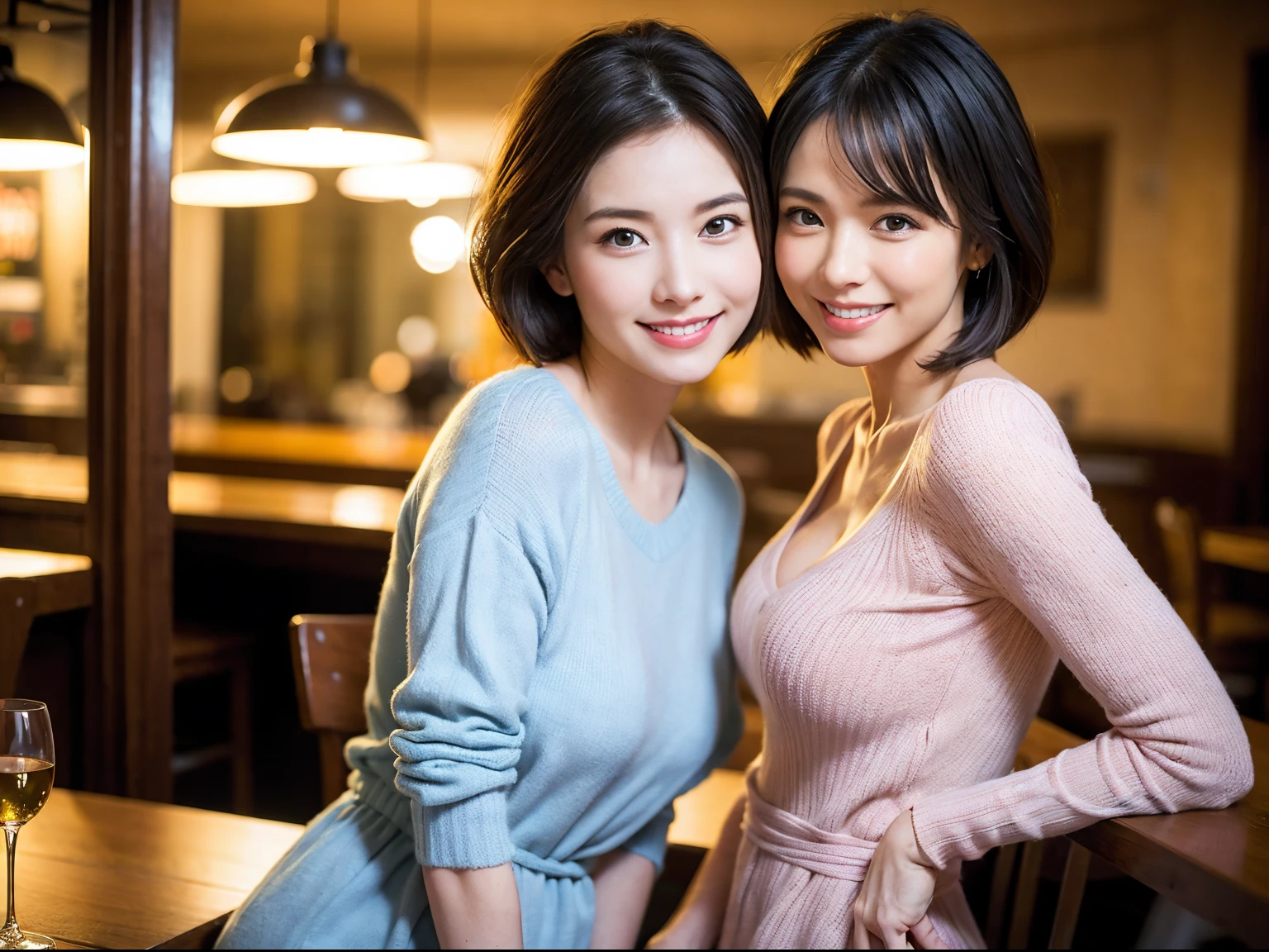 (Realistic:1.1),(masterpiece,Highest quality),8k,(40 years old), 42 years old, slimカップル、Model Couple、Actress/Actor、Tight waist,Upper Body,full-course dinner、wine 、Amazing view of the sunset sky and clouds、Perfect Anatomy, Brown Hair, Short Hair,Random Hairstyles,((Highly detailed face and eyes:1.2))(cute顔:1.4),Beautiful actress face,Perfect golden ratio face,Long sleeve shirt、dress,(smile:1.2)、Shortcuts、cute、(Realistic, Intricate details:1.2), A bright smile、short hair,Bright Face、赤wine 、Appetizers、Italian food、wine bottle、Champagne、スパークリングwine、(slimな顔), (The body is slim), (Brown Hair), (Shortcuts), Upper Body, 白wine, slim, wineグラス,
