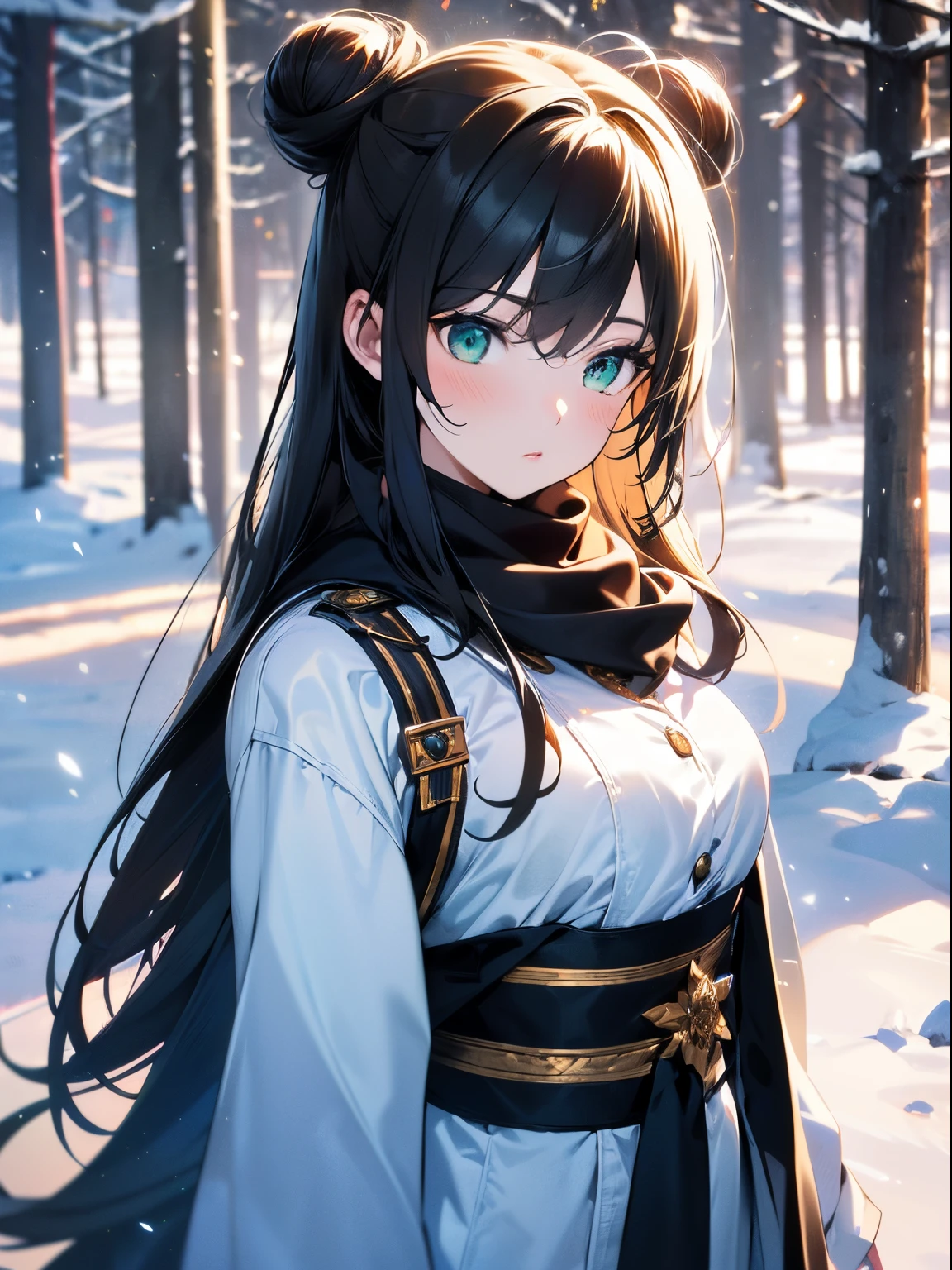 ((Long hair in two buns)), amount at the time of parting.、A dark-haired、((Green eyes))、 High quality, Highly detailed CG Unity 8k wallpaper, coniferous forest, Silence, towering conifers covering forest floor, Severe cold, Gentle beauty, Snow, Winters, Mild summer, Breeze, conifer, Branches, Bokeh, depth of fields, nffsw, bloom, chromatic abberation, Photorealistic, Extremely detailed, Popular on ArtStation, popular on CGSociety, with an intricate, high detailing, Dramatic, Art Midway